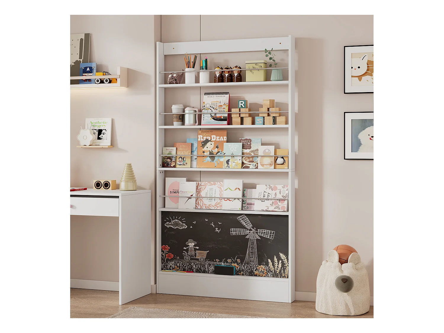 Étagère de rangement d'enfant - 100 x 10 x 180 cm - à 4 niveaux + tableau noir à peindre - MDF + Métal - blanc