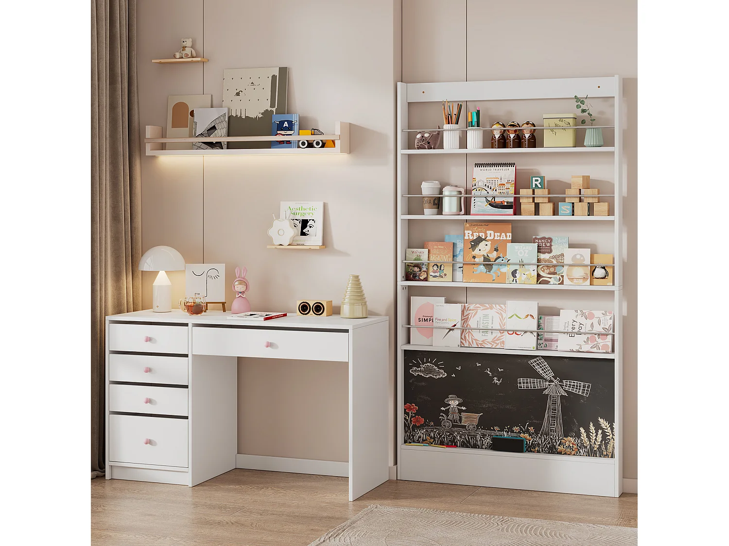 Kinderregal - 100 x 10 x 180 cm - 4 Ebenen + bemalbare Tafel - MDF + Metall - weiß