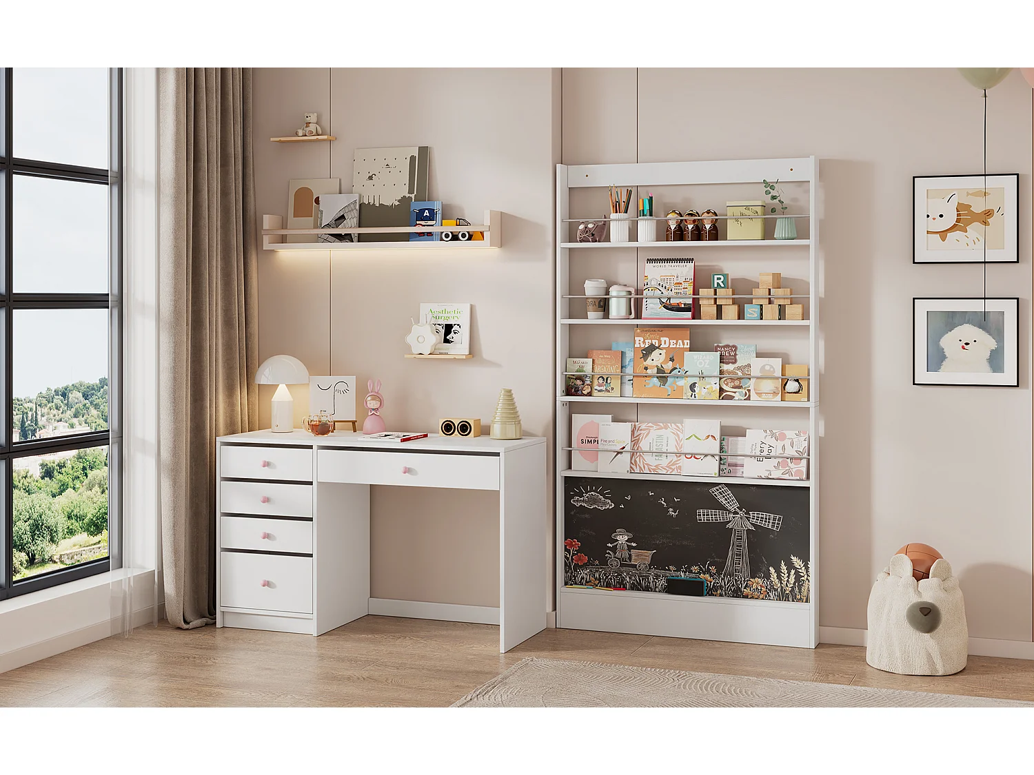 Kinderregal - 100 x 10 x 180 cm - 4 Ebenen + bemalbare Tafel - MDF + Metall - weiß