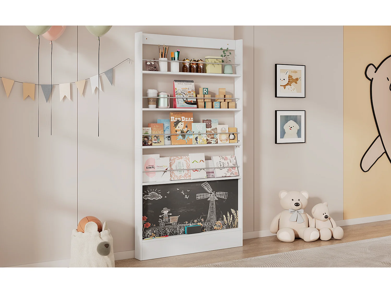 Kinderregal - 100 x 10 x 180 cm - 4 Ebenen + bemalbare Tafel - MDF + Metall - weiß