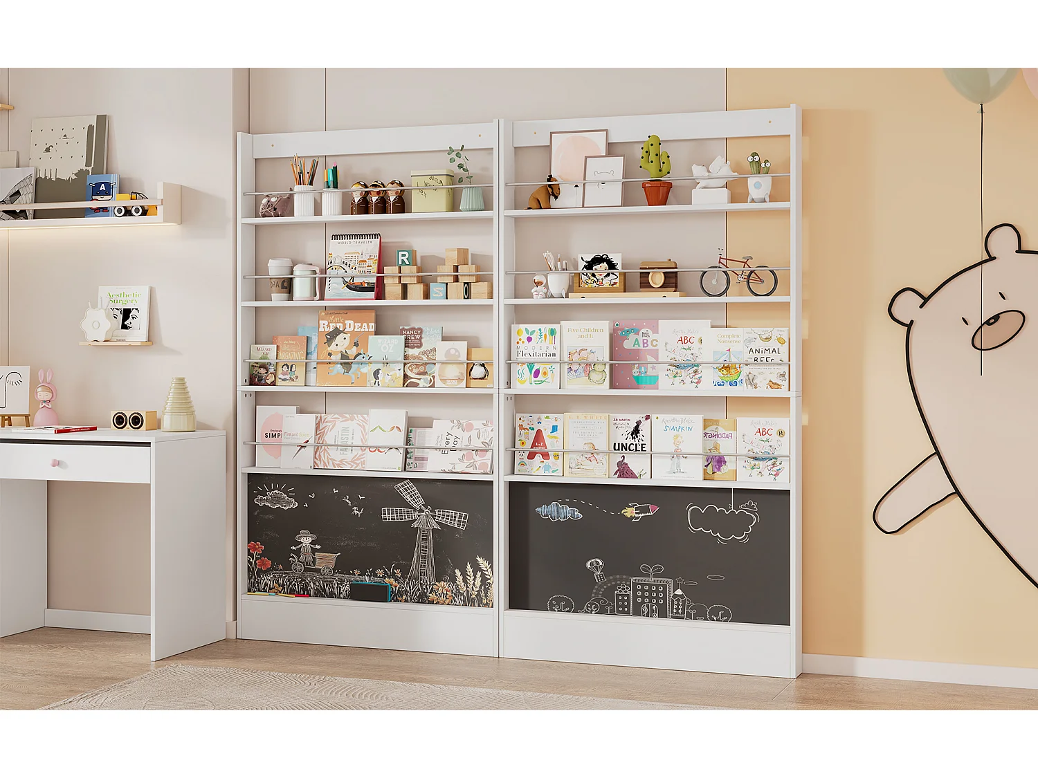 Kinderregal - 100 x 10 x 180 cm - 4 Ebenen + bemalbare Tafel - MDF + Metall - weiß