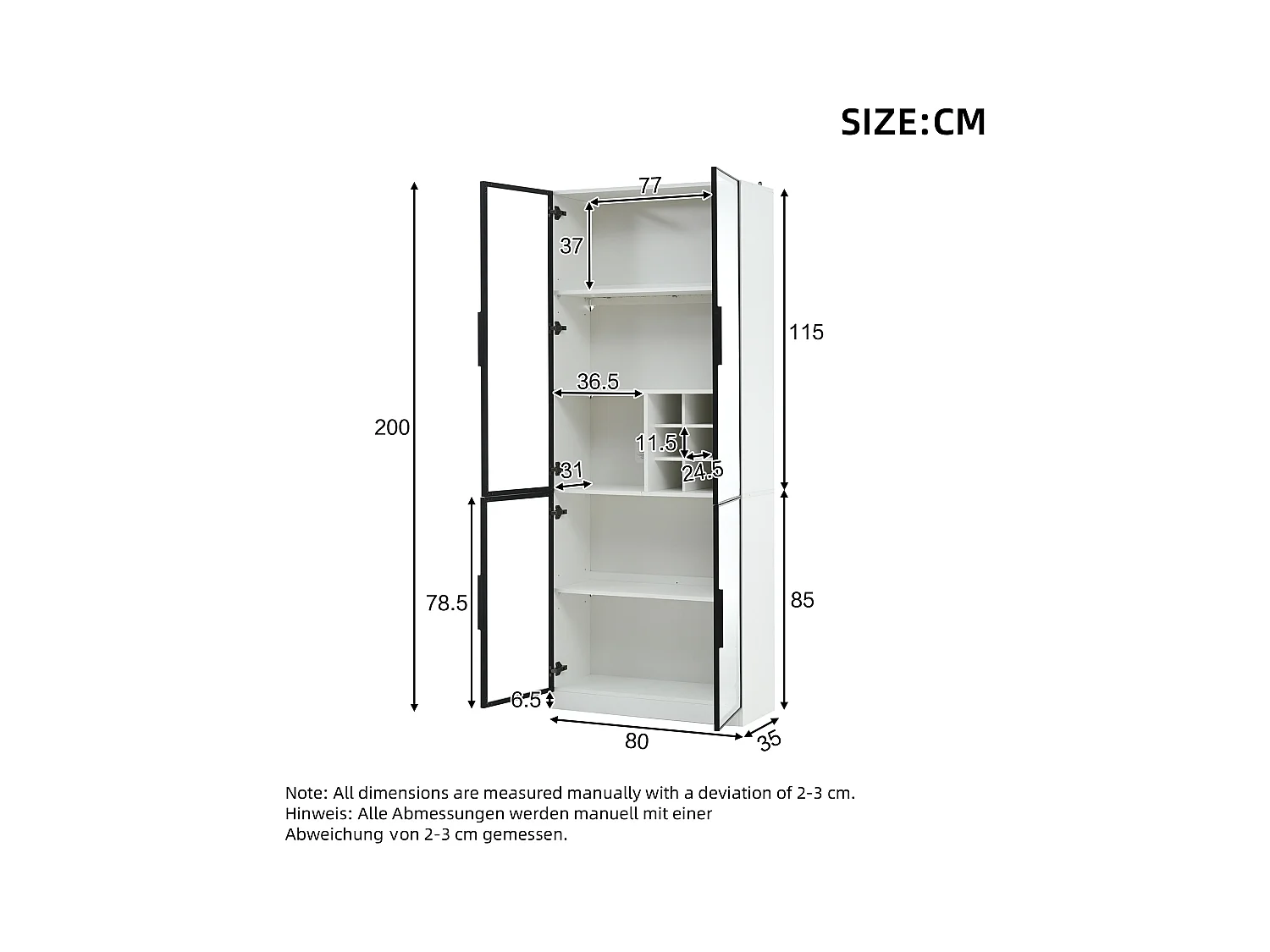 Vitrine en verre - 80 x 35 x 200 cm - avec portes vitrées + Leds - aggloméré - blanc