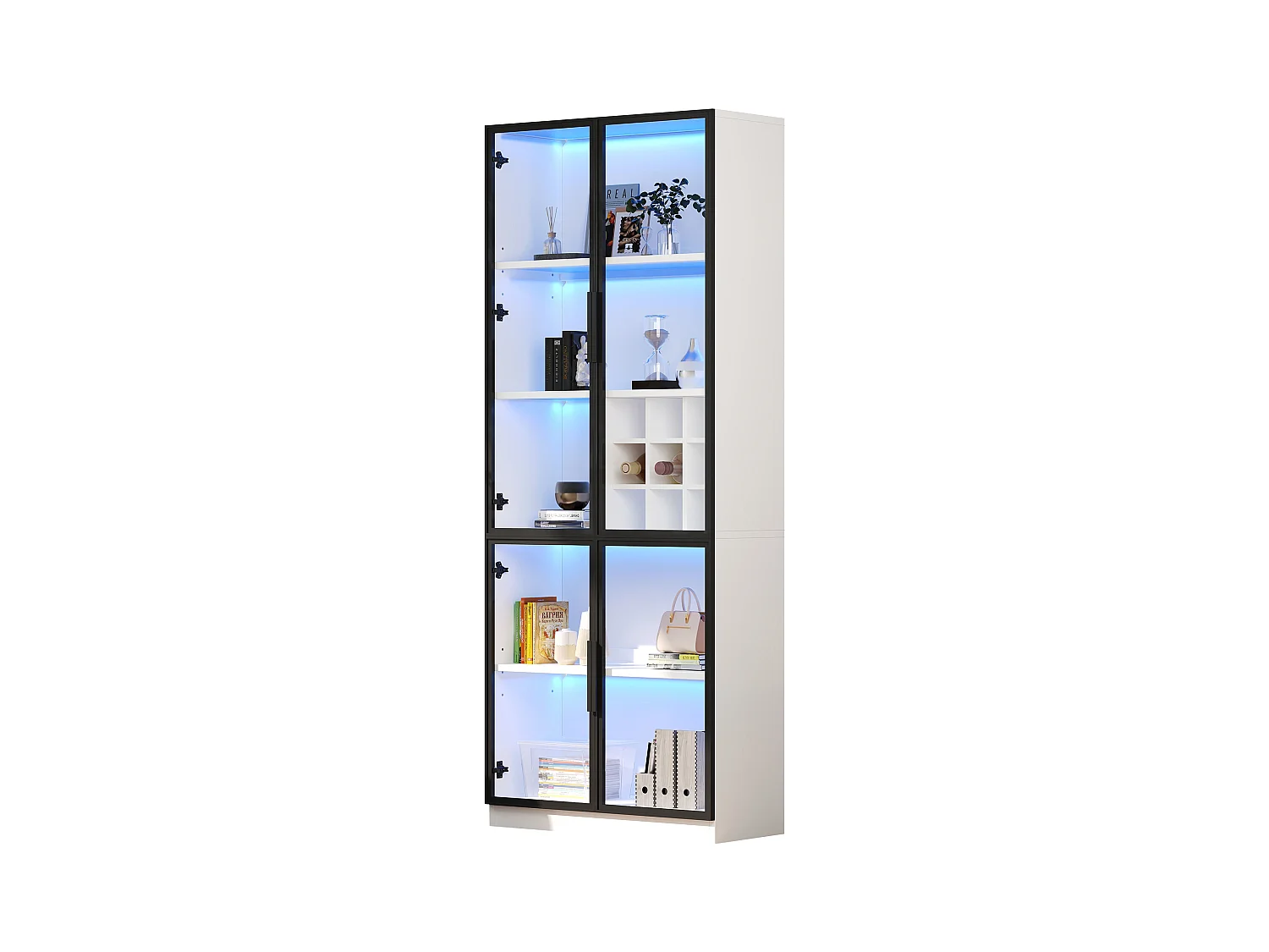 Vitrine en verre - 80 x 35 x 200 cm - avec portes vitrées + Leds - aggloméré - blanc