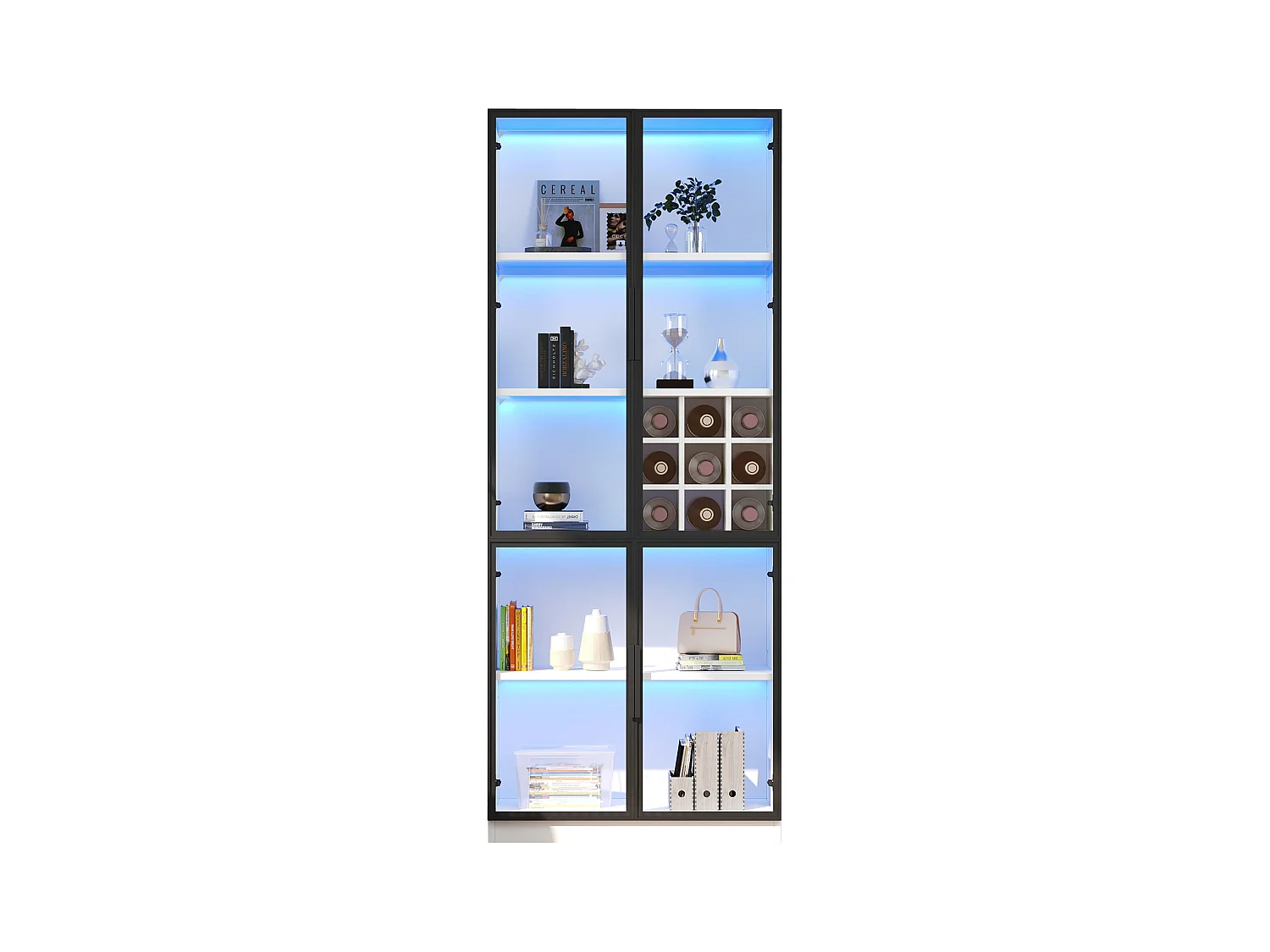 Vitrine en verre - 80 x 35 x 200 cm - avec portes vitrées + Leds - aggloméré - blanc