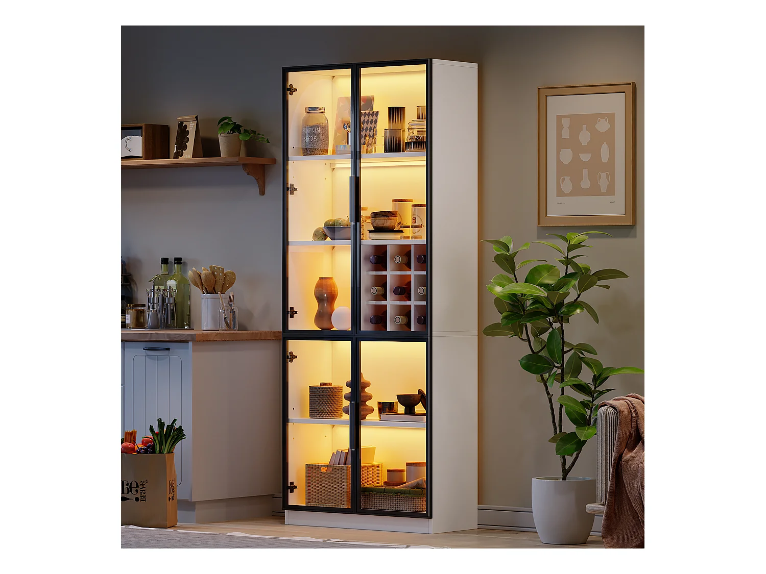 Glasvitrine - 80 x 35 x 200 cm - mit Glastüren + LEDs - Spanplatte - weiß
