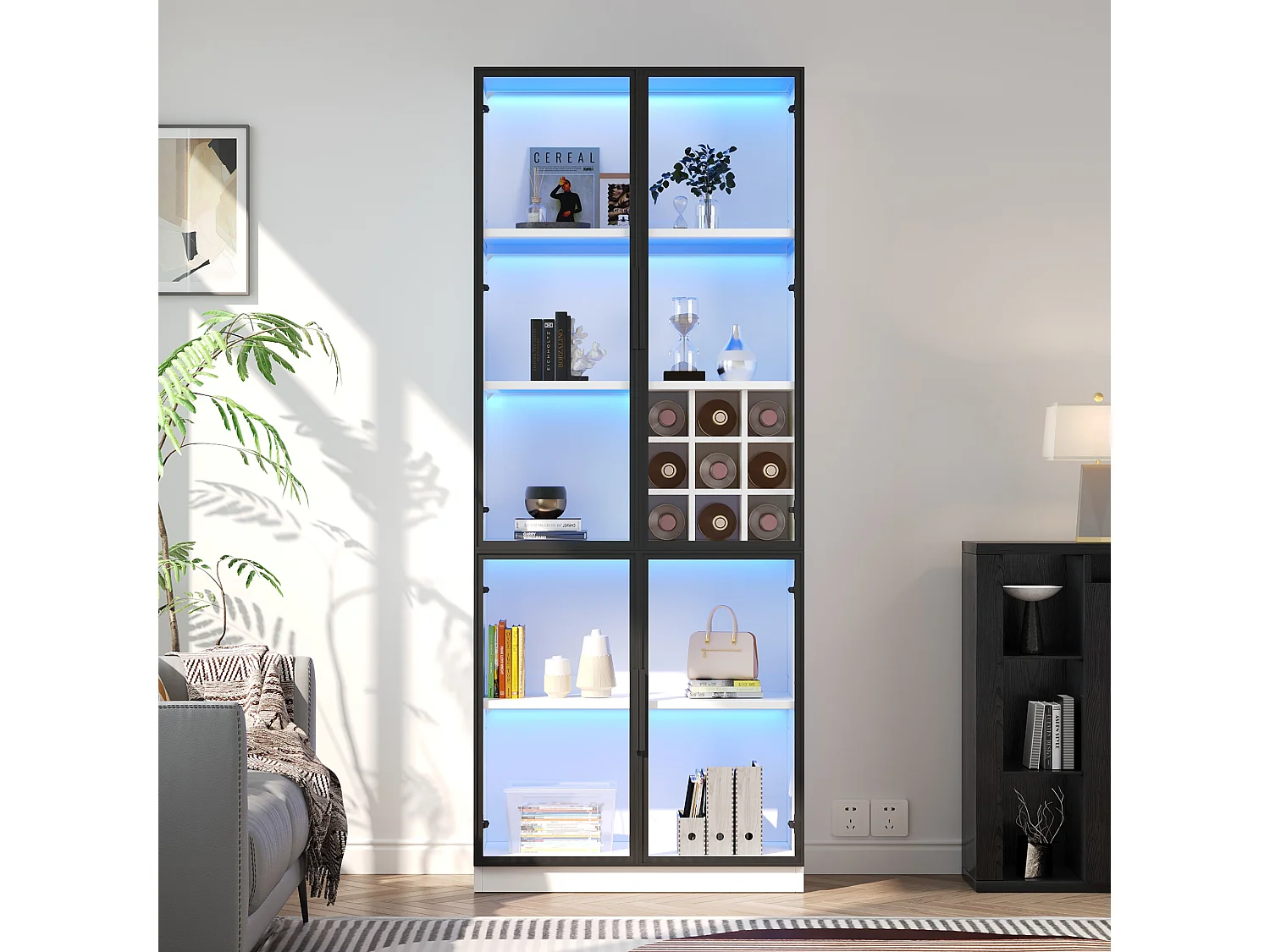 Vitrina de cristal - 80 x 35 x 200 cm - con puertas de cristal + LED - aglomerado - blanco