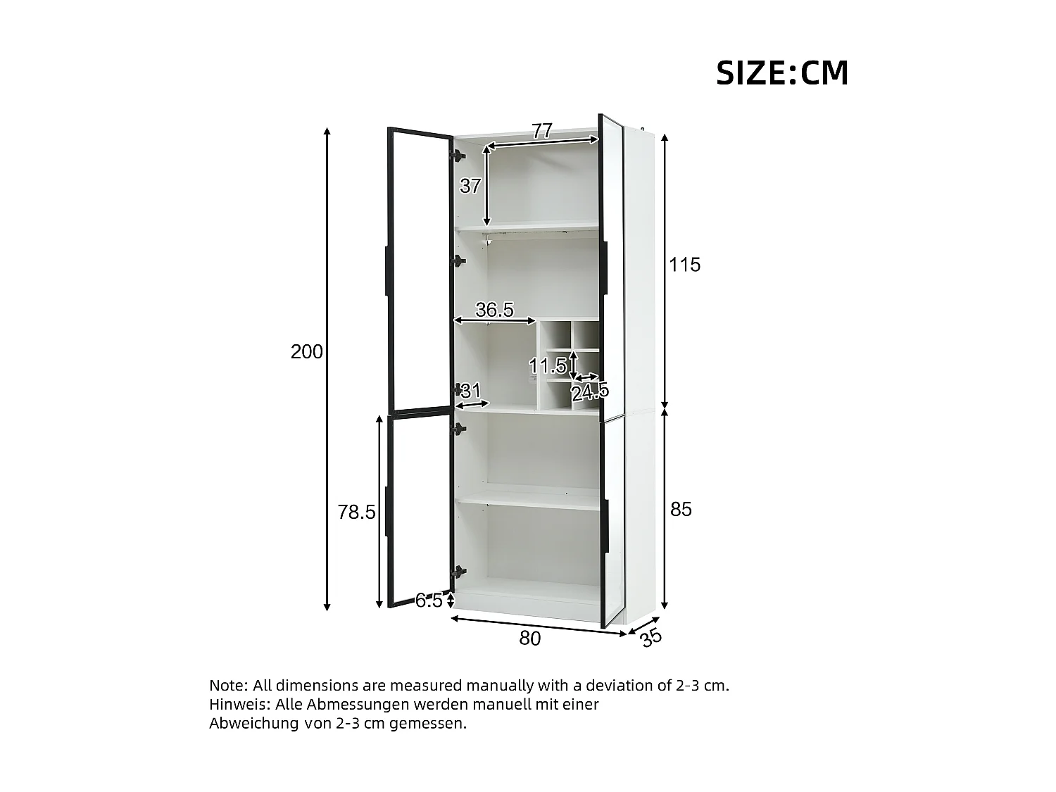 Vitrina de cristal - 80 x 35 x 200 cm - con puertas de cristal + LED - aglomerado - blanco