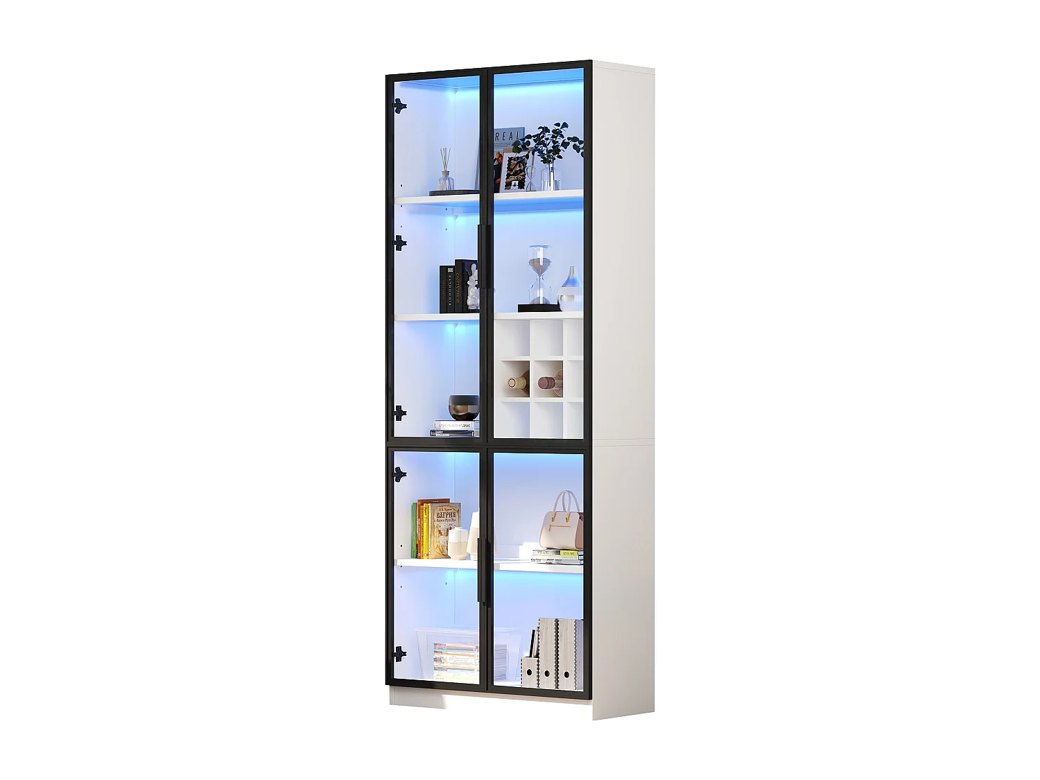 Vitrina de cristal - 80 x 35 x 200 cm - con puertas de cristal + LED - aglomerado - blanco
