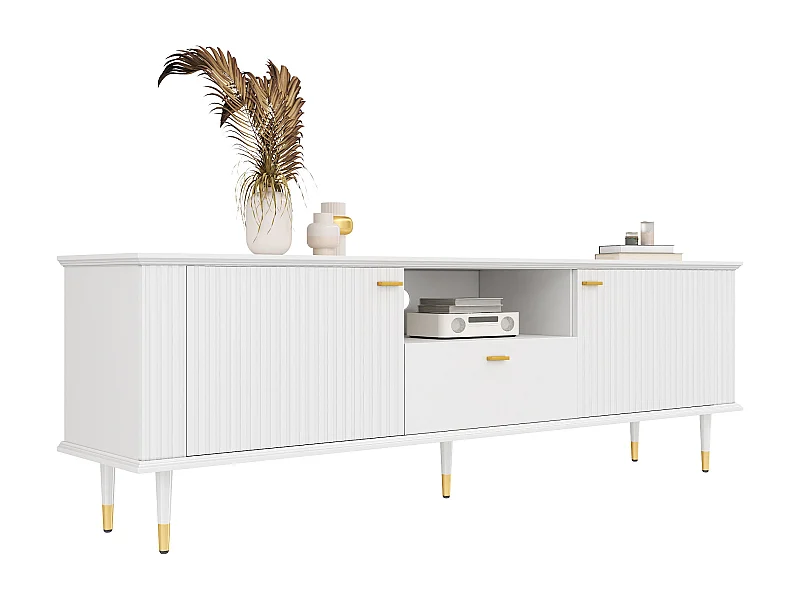Meuble TV avec 2 portes, 1 tiroir, MDF, blanc, design moderne avec pieds dorés (170x36x54.5 cm)