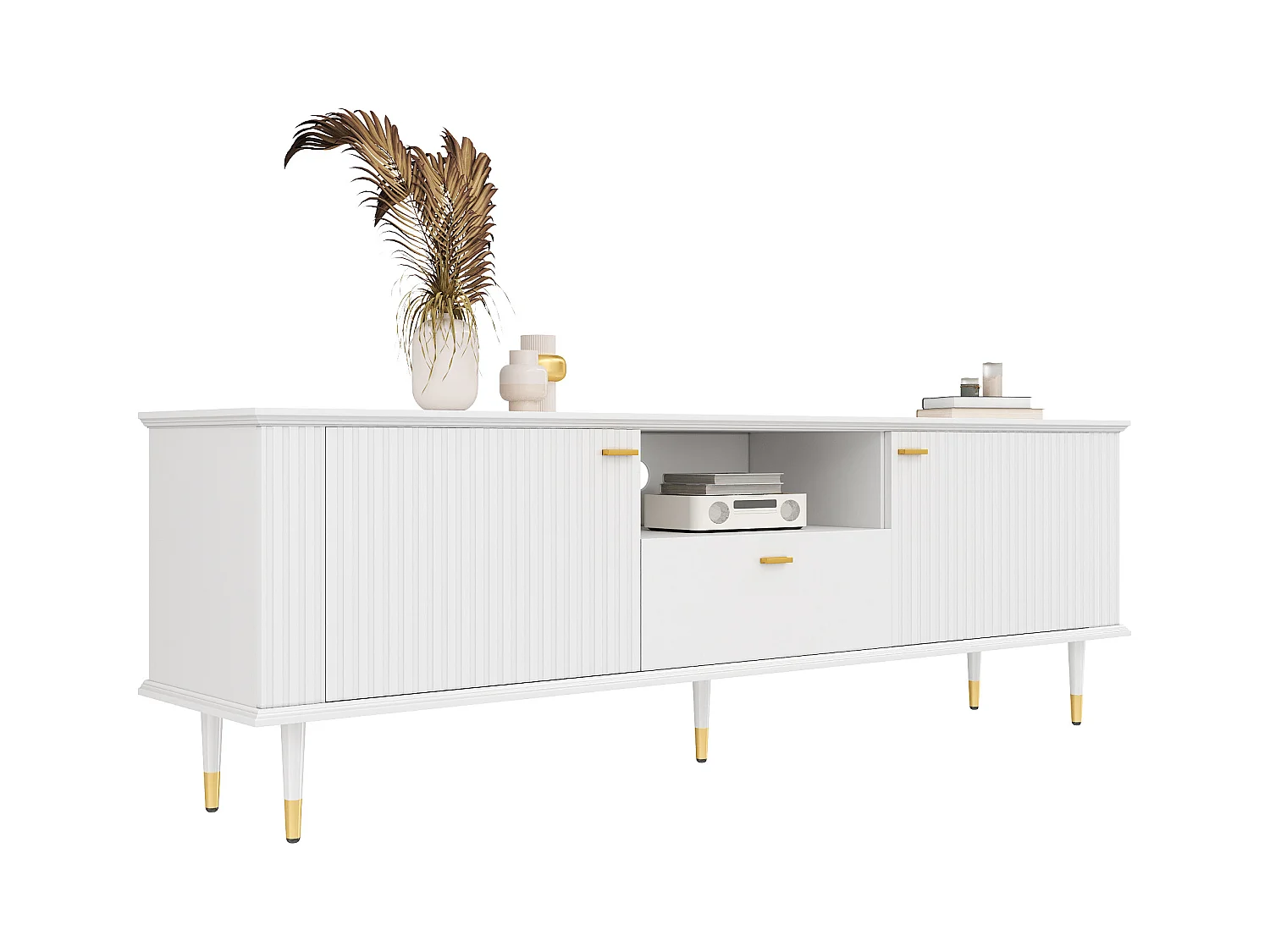 Meuble TV avec 2 portes, 1 tiroir, MDF, blanc, design moderne avec pieds dorés (170x36x54.5 cm)