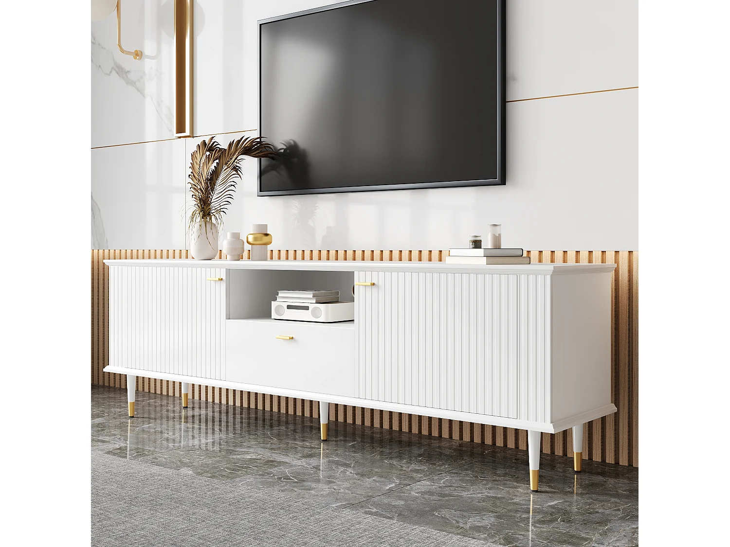 Meuble TV avec 2 portes, 1 tiroir, MDF, blanc, design moderne avec pieds dorés (170x36x54.5 cm)