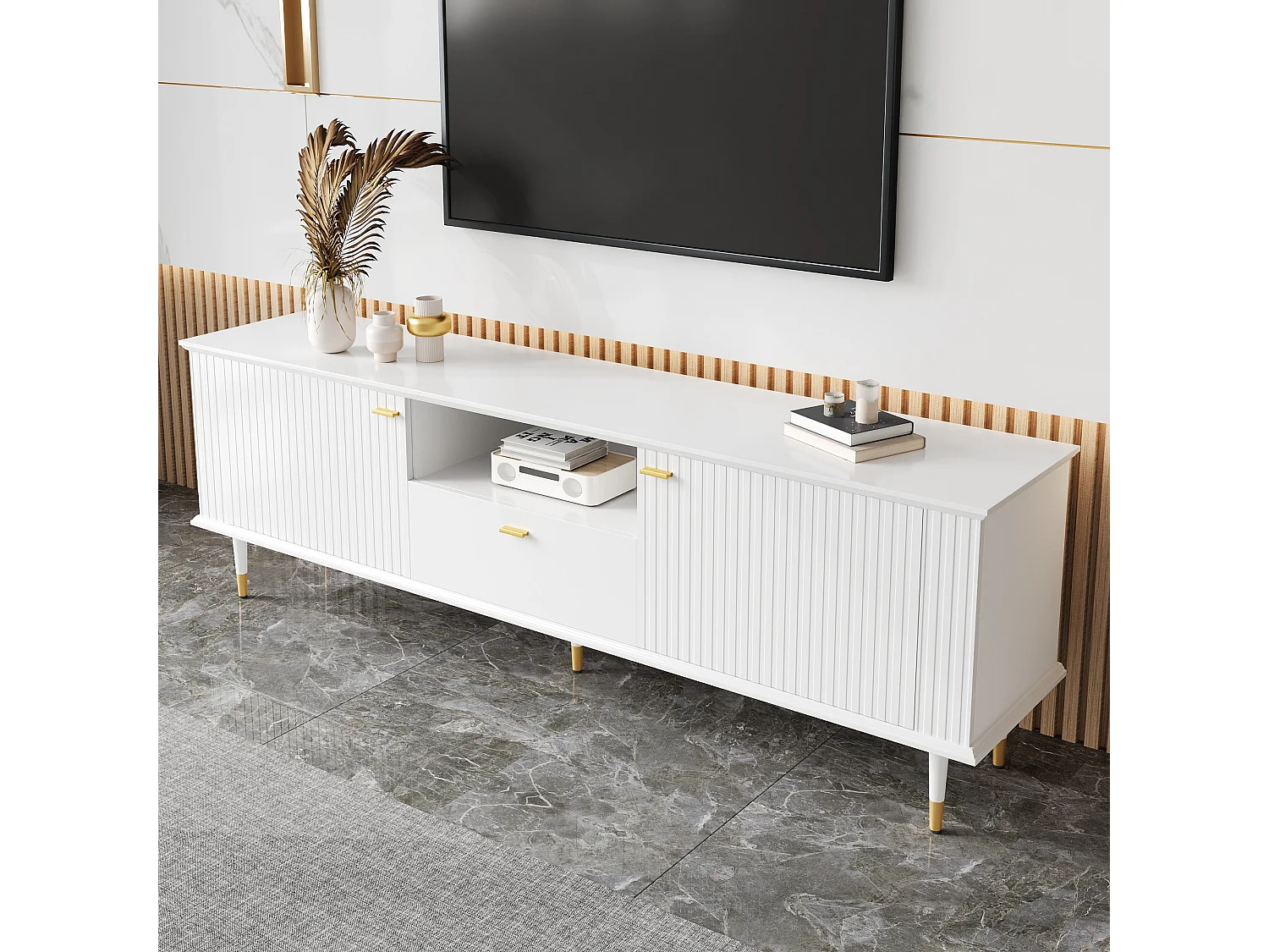 Meuble TV avec 2 portes, 1 tiroir, MDF, blanc, design moderne avec pieds dorés (170x36x54.5 cm)