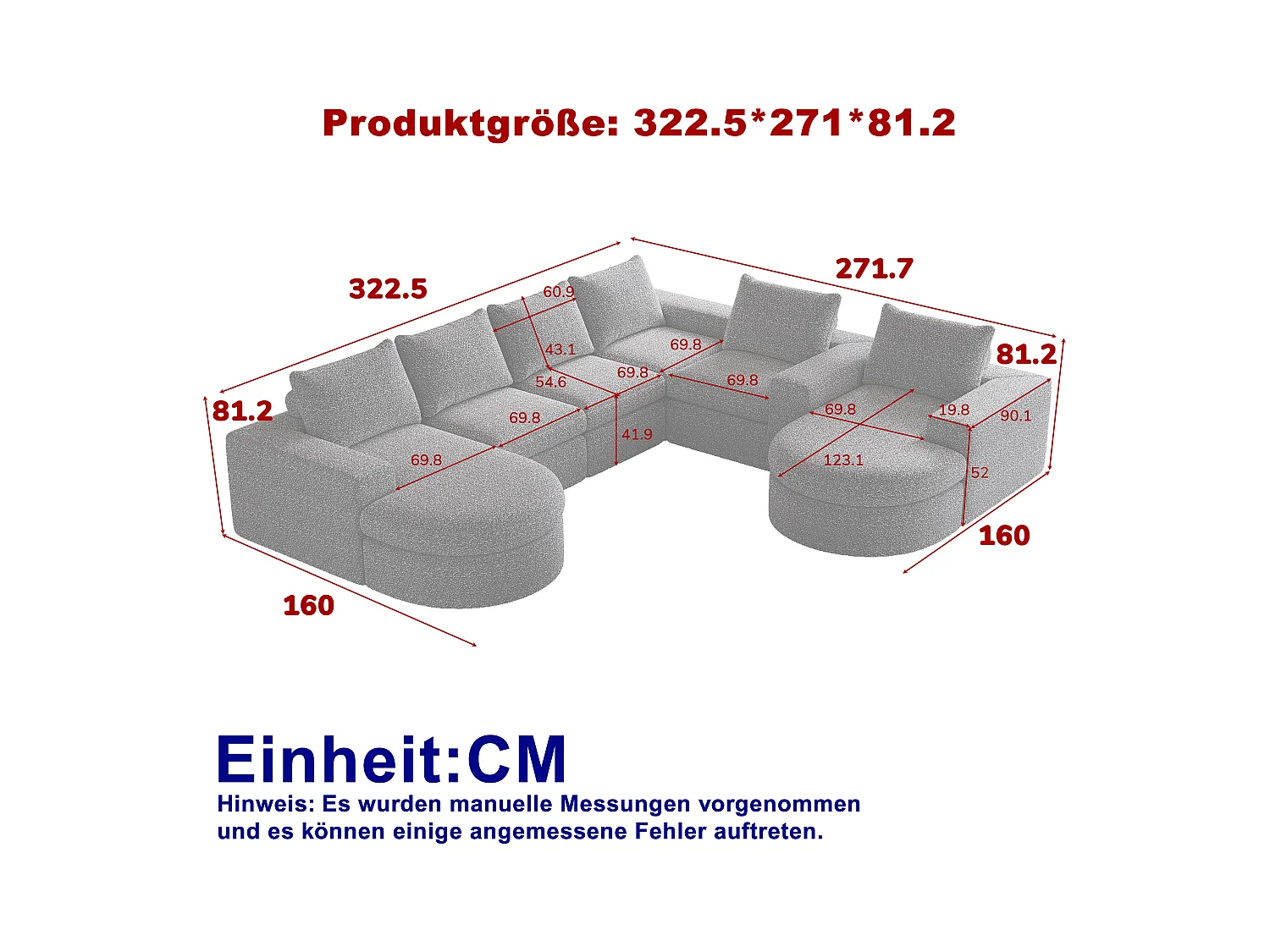 Canapé modulaire en chenille avec éléments incurvés et repose-pied, design compressé, mousse haute densité, gris (114x43x43 cm)