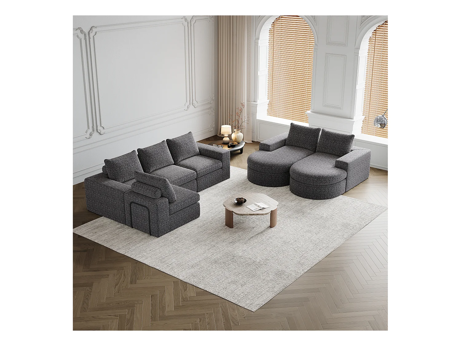 Canapé modulaire en chenille avec éléments incurvés et repose-pied, design compressé, mousse haute densité, gris (114x43x43 cm)