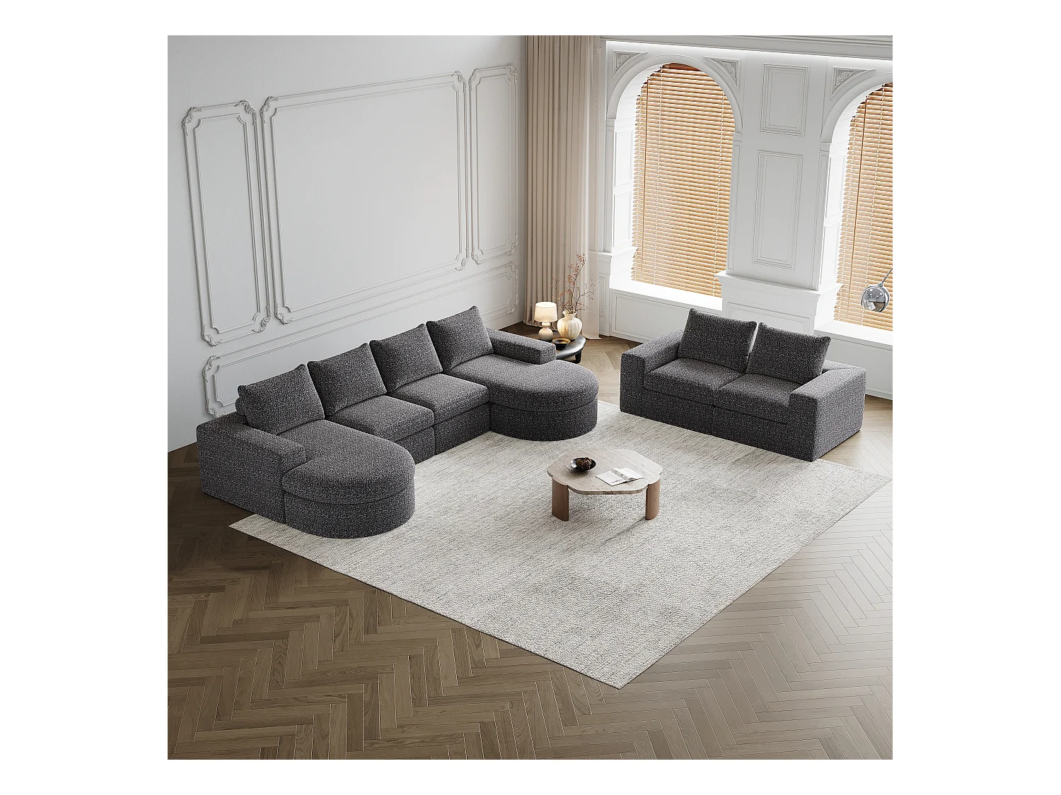 Canapé modulaire en chenille avec éléments incurvés et repose-pied, design compressé, mousse haute densité, gris (114x43x43 cm)