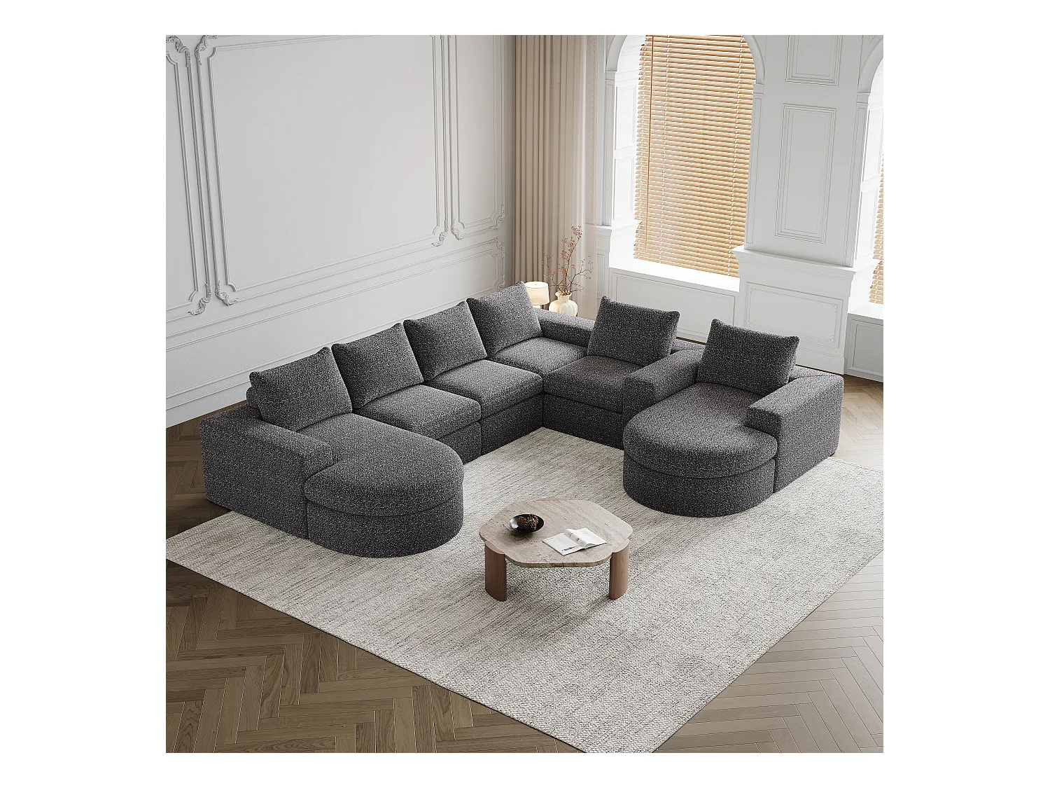 Canapé modulaire en chenille avec éléments incurvés et repose-pied, design compressé, mousse haute densité, gris (114x43x43 cm)