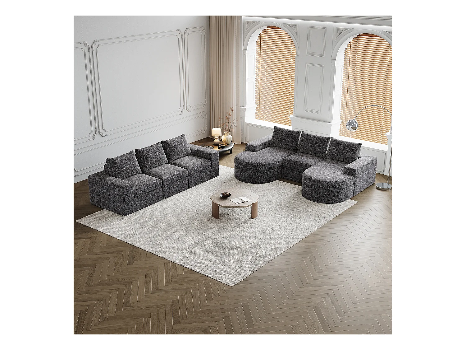Canapé modulaire en chenille avec éléments incurvés et repose-pied, design compressé, mousse haute densité, gris (114x43x43 cm)
