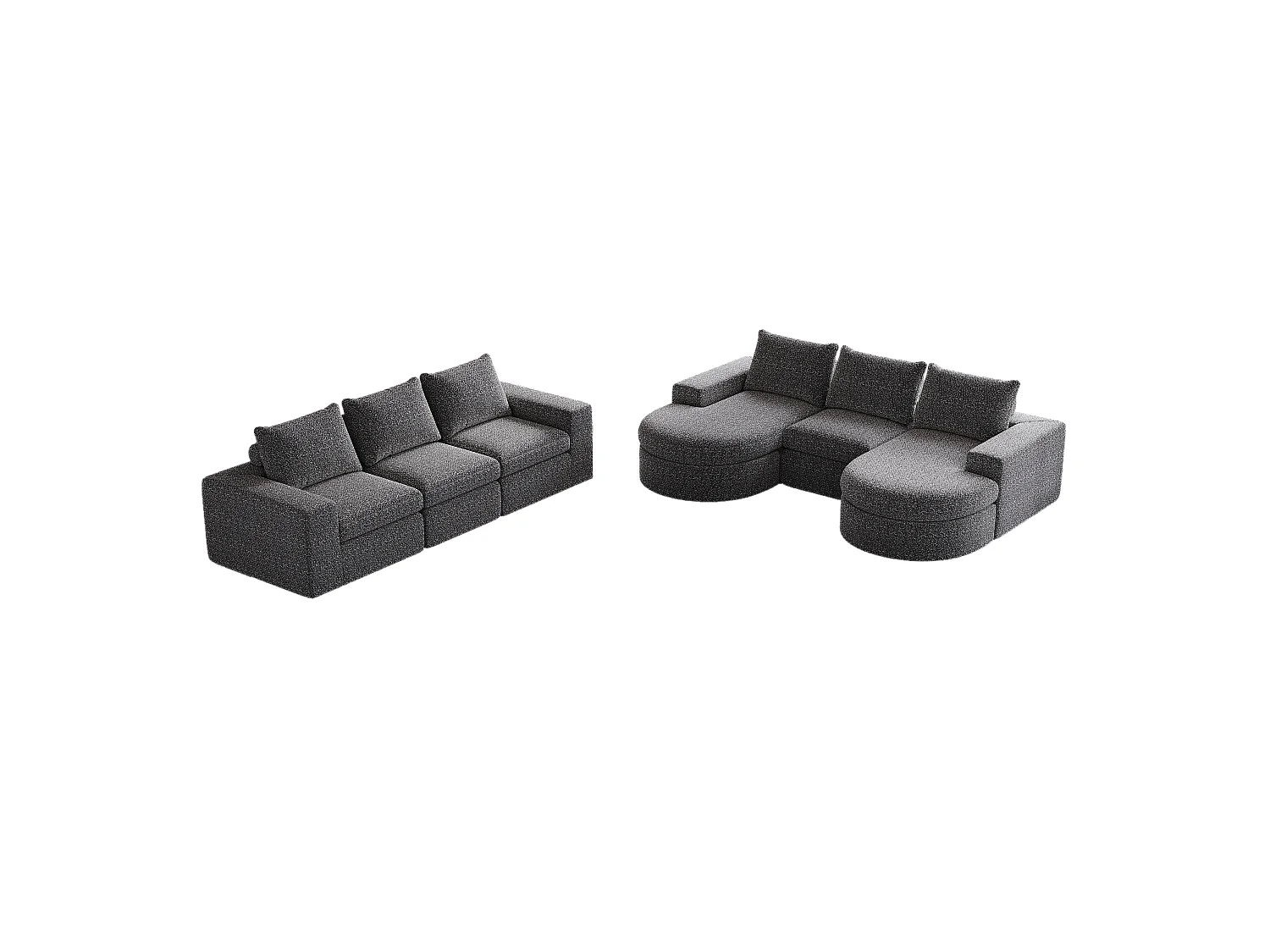 Modulaire chenillebank met gebogen elementen en voetenbank, gecomprimeerd ontwerp, schuim met hoge dichtheid, grijs (114x43x43 cm)