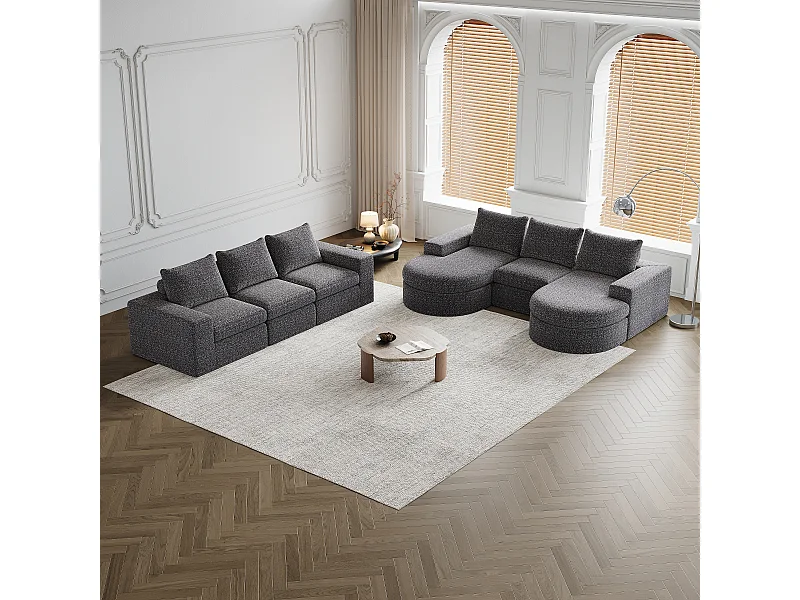 Modulaire chenillebank met gebogen elementen en voetenbank, gecomprimeerd ontwerp, schuim met hoge dichtheid, grijs (114x43x43 cm)