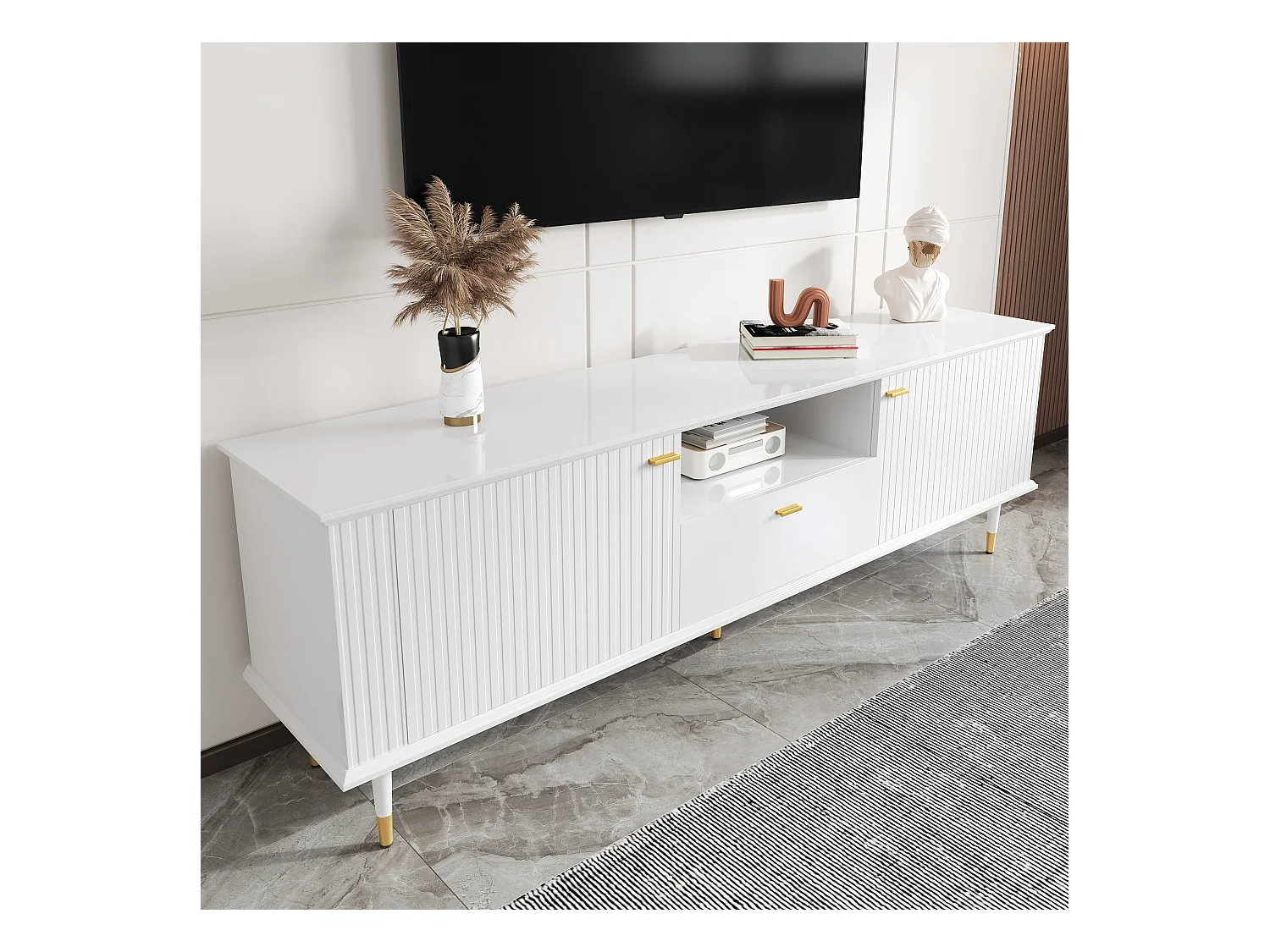 Meuble TV avec compartiments ouverts - 170 x 36 x 54.5 cm - avec 2 portes + 1 tiroir - MDF - blanc