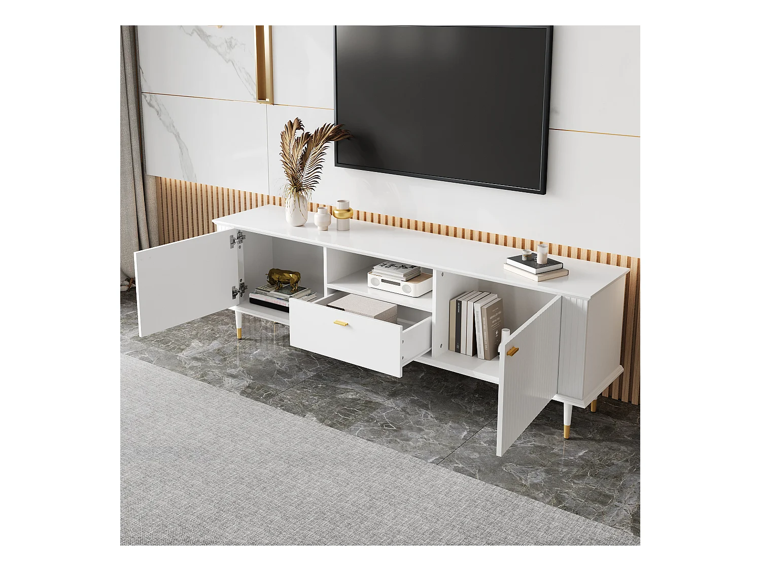 Meuble TV avec compartiments ouverts - 170 x 36 x 54.5 cm - avec 2 portes + 1 tiroir - MDF - blanc