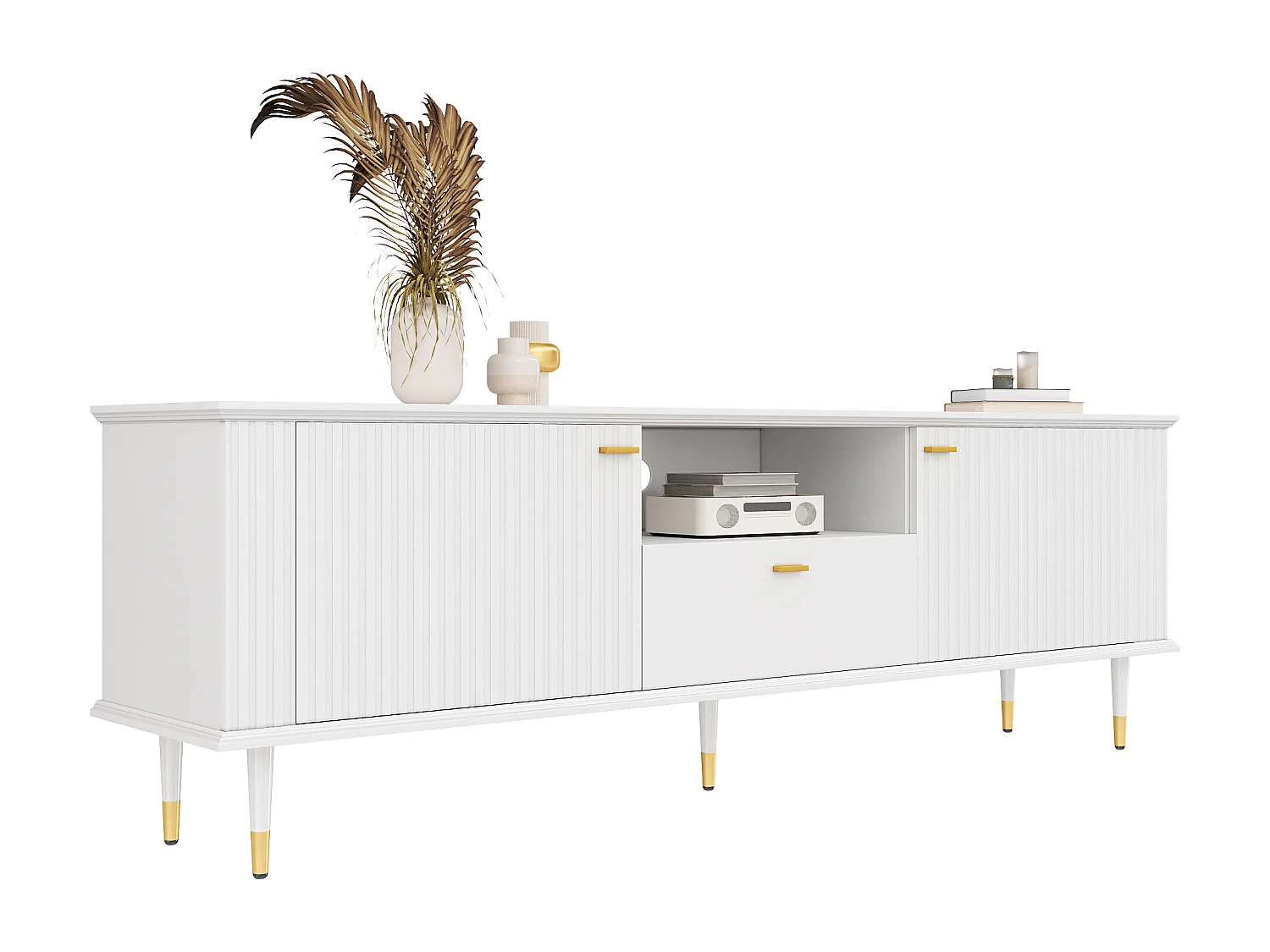 Meuble TV avec compartiments ouverts - 170 x 36 x 54.5 cm - avec 2 portes + 1 tiroir - MDF - blanc