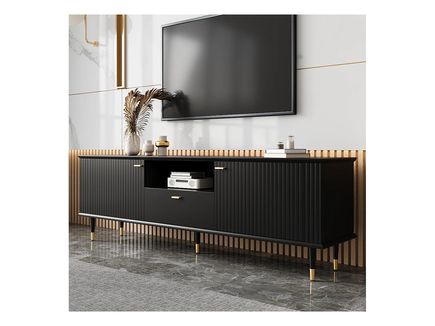 Meuble TV avec 3 portes, design moderne, MDF, noir, avec étagères et Soft-Close (170x36x54.5 cm)