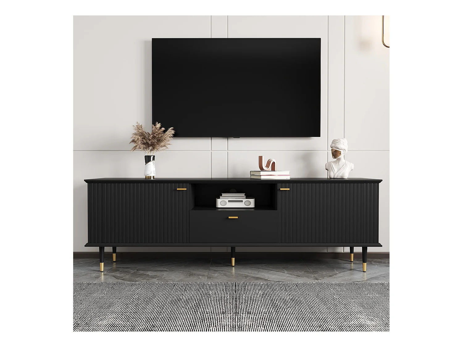 Meuble TV avec 3 portes, design moderne, MDF, noir, avec étagères et Soft-Close (170x36x54.5 cm)