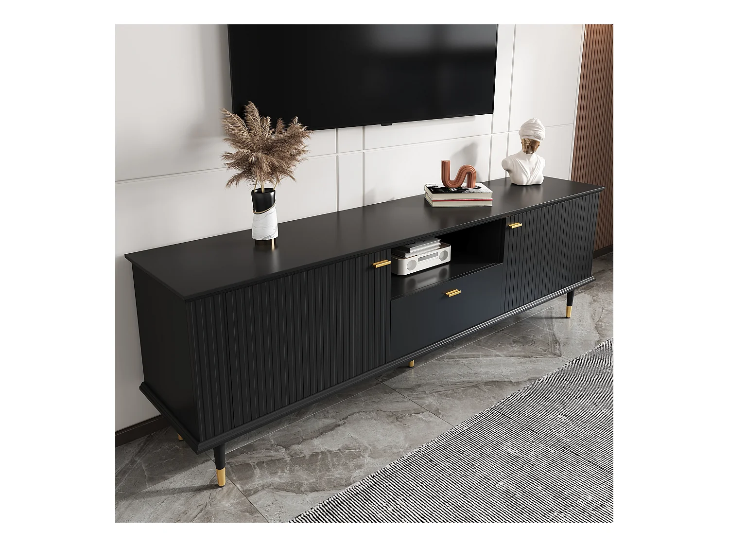 Meuble TV avec 3 portes, design moderne, MDF, noir, avec étagères et Soft-Close (170x36x54.5 cm)