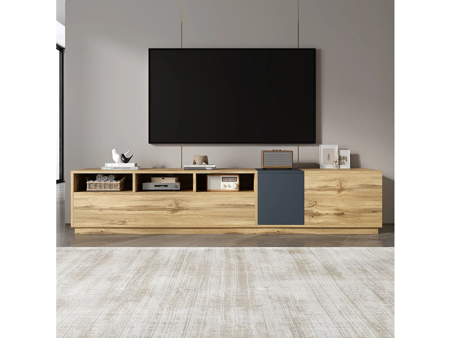 Moderne tv-kast met contrasterende deuren, 3 open vakken, spaanplaat, zwart en grijs (200x45x45 cm)