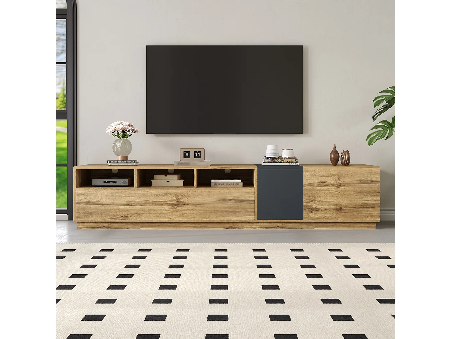 Moderne tv-kast met contrasterende deuren, 3 open vakken, spaanplaat, zwart en grijs (200x45x45 cm)