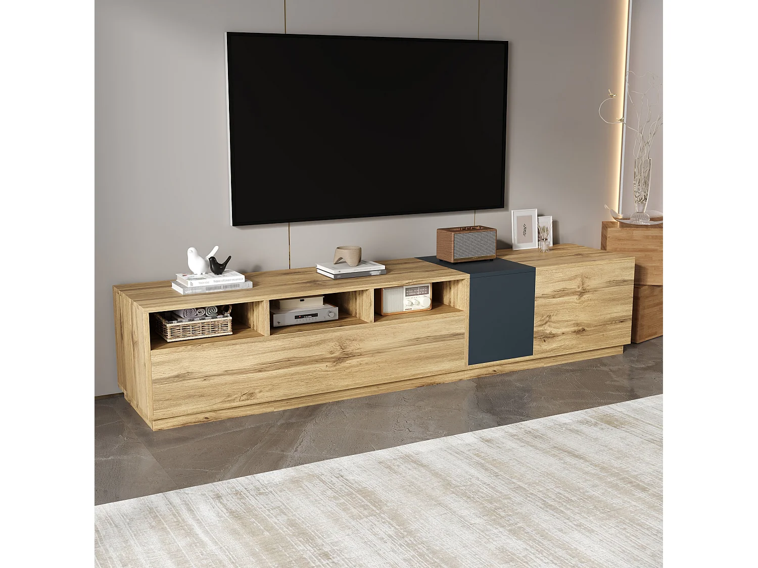 Moderne tv-kast met contrasterende deuren, 3 open vakken, spaanplaat, zwart en grijs (200x45x45 cm)