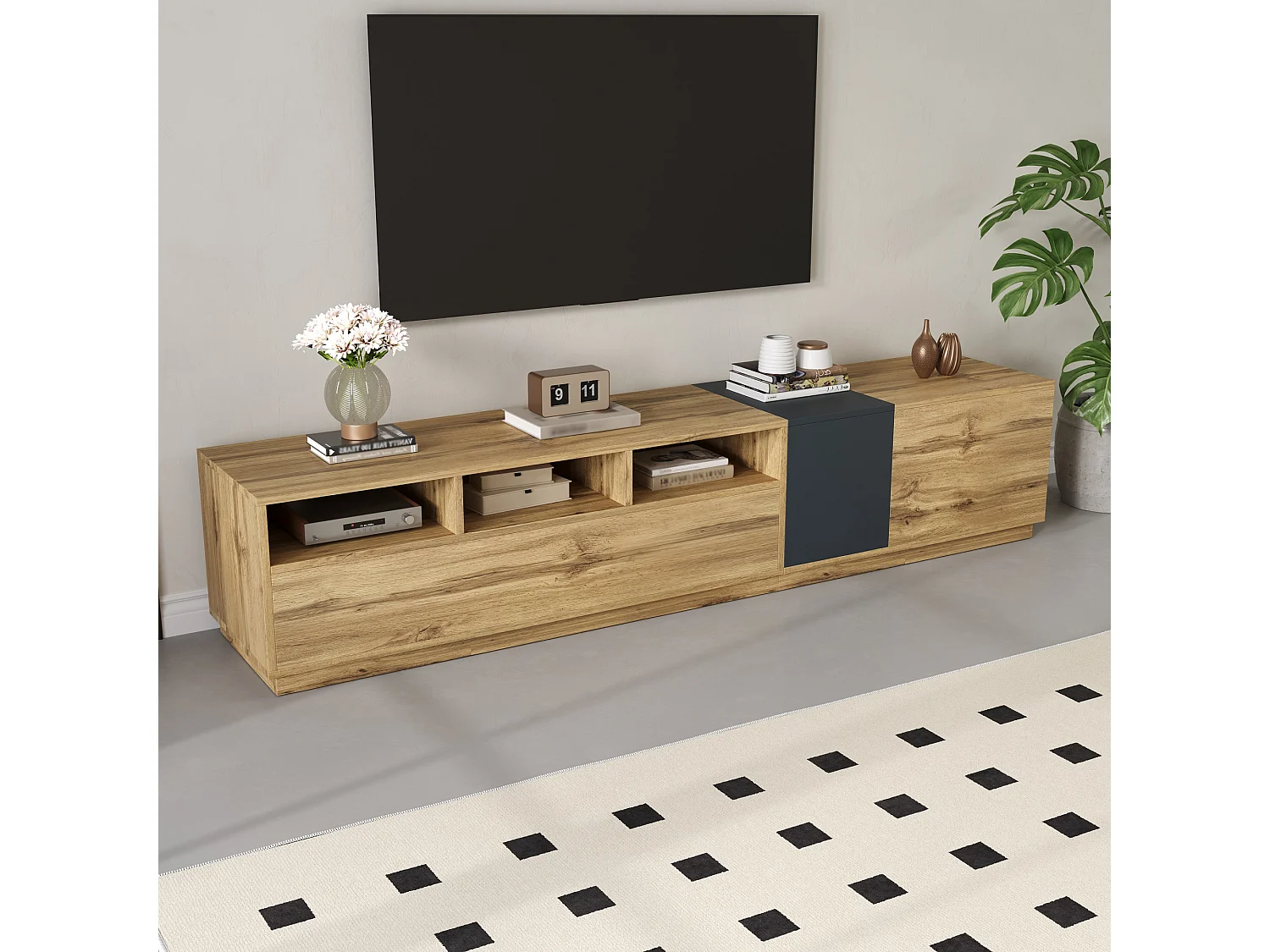 Moderne tv-kast met contrasterende deuren, 3 open vakken, spaanplaat, zwart en grijs (200x45x45 cm)