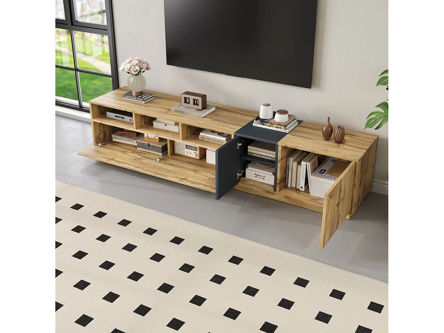 Moderne tv-kast met contrasterende deuren, 3 open vakken, spaanplaat, zwart en grijs (200x45x45 cm)