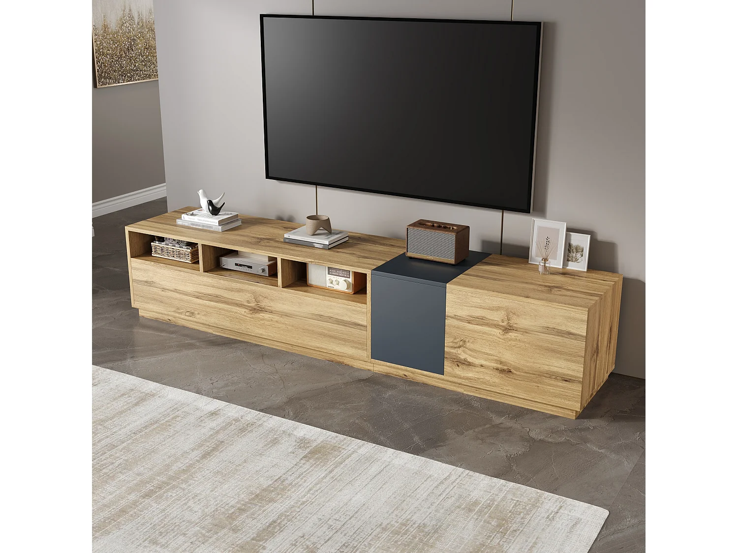 Moderne tv-kast met contrasterende deuren, 3 open vakken, spaanplaat, zwart en grijs (200x45x45 cm)