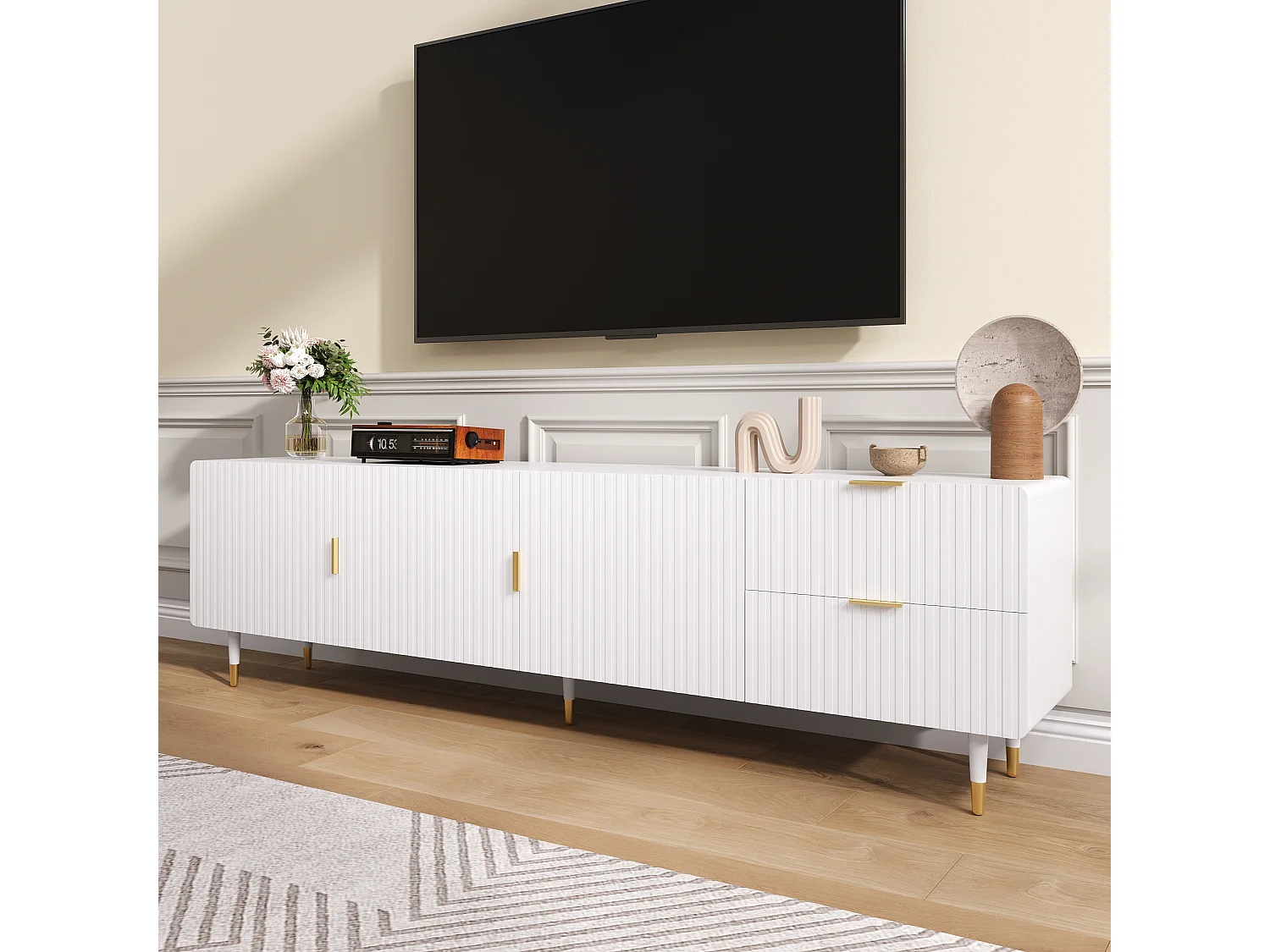 Meuble TV avec 3 portes, tiroirs et étagères réglables, pieds dorés, MDF, blanc (170x36x55 cm)