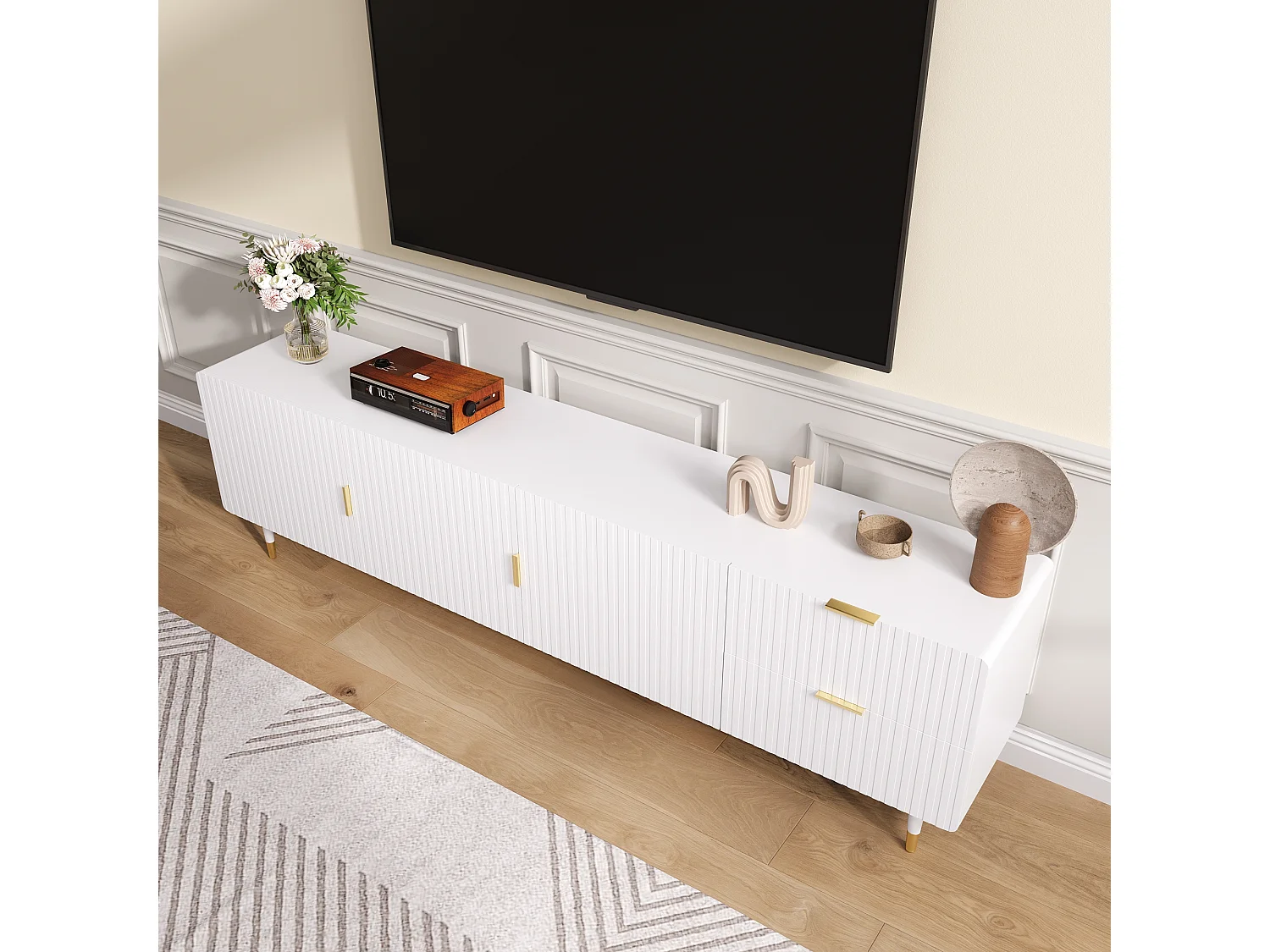 Meuble TV avec 3 portes, tiroirs et étagères réglables, pieds dorés, MDF, blanc (170x36x55 cm)