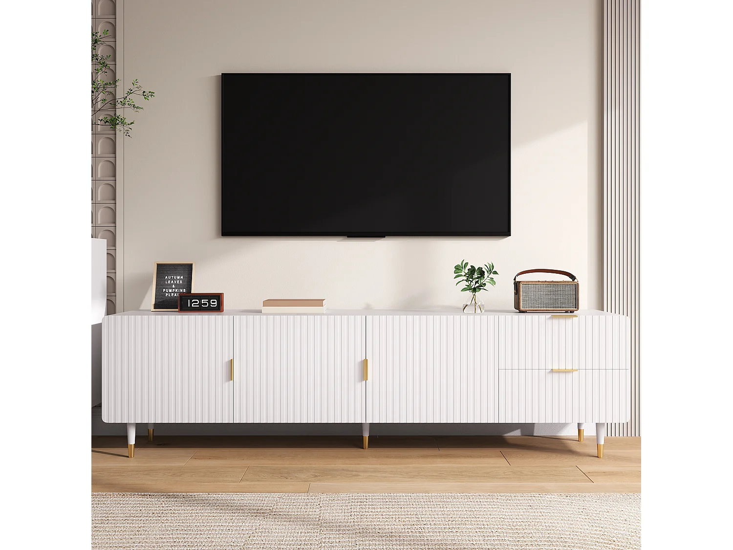 Meuble TV avec 3 portes, tiroirs et étagères réglables, pieds dorés, MDF, blanc (170x36x55 cm)