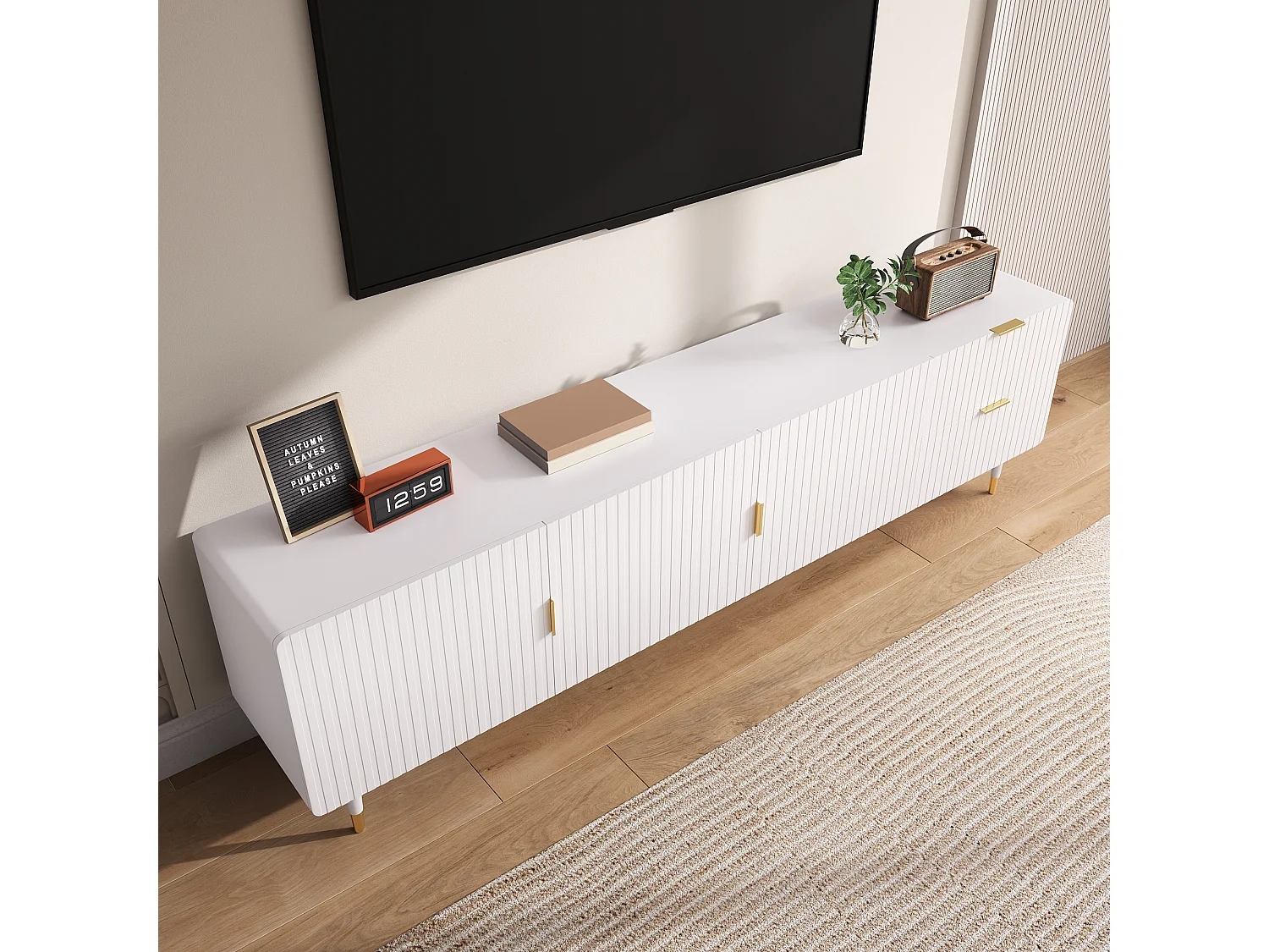 Meuble TV avec 3 portes, tiroirs et étagères réglables, pieds dorés, MDF, blanc (170x36x55 cm)