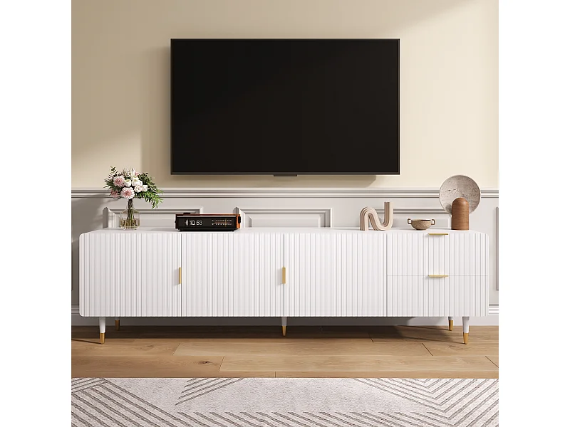 Meuble TV avec 3 portes, tiroirs et étagères réglables, pieds dorés, MDF, blanc (170x36x55 cm)