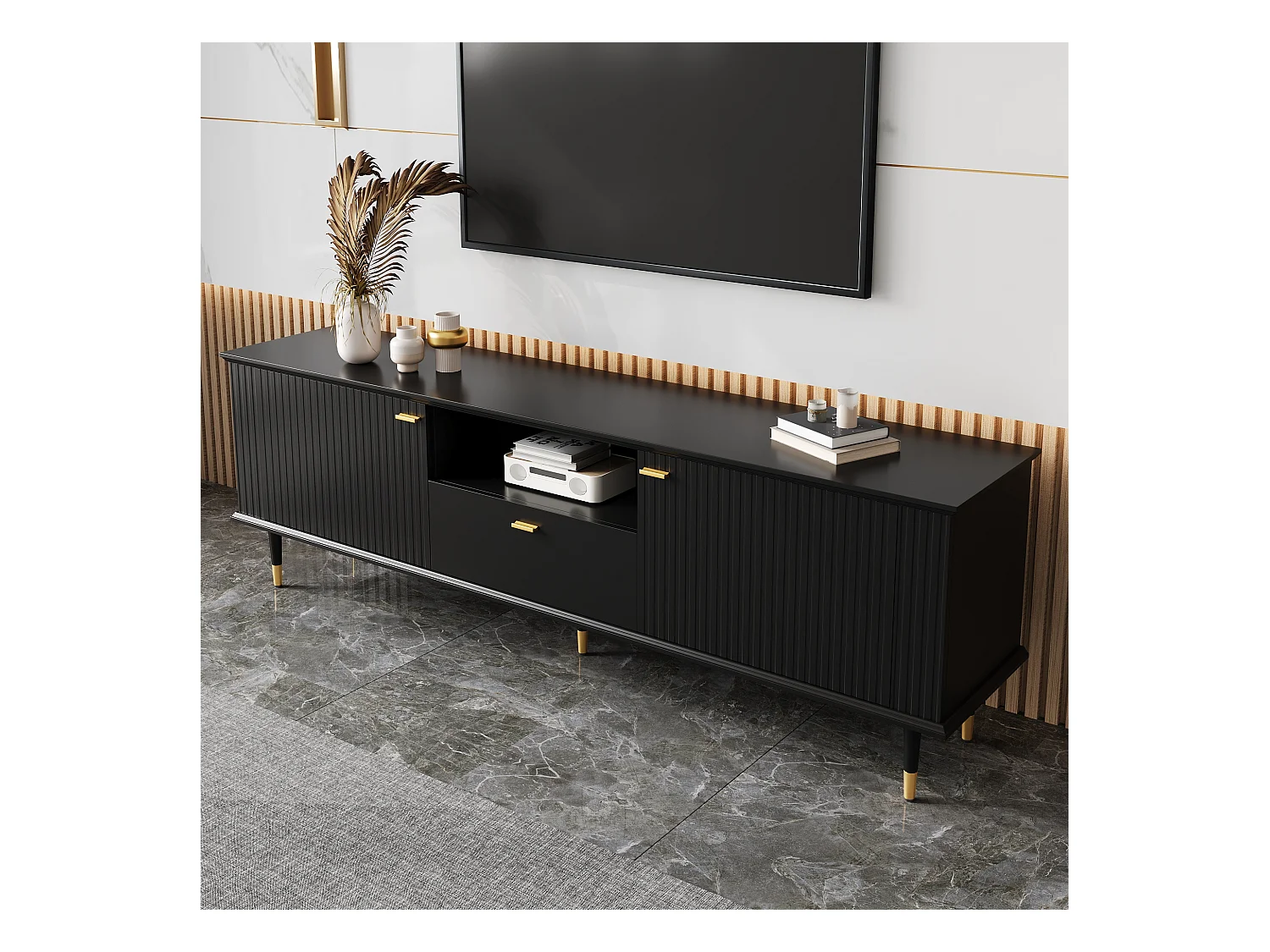 Meuble TV avec compartiments ouverts - 170 x 36 x 54.5 cm - avec 2 portes + 1 tiroir - MDF - noir