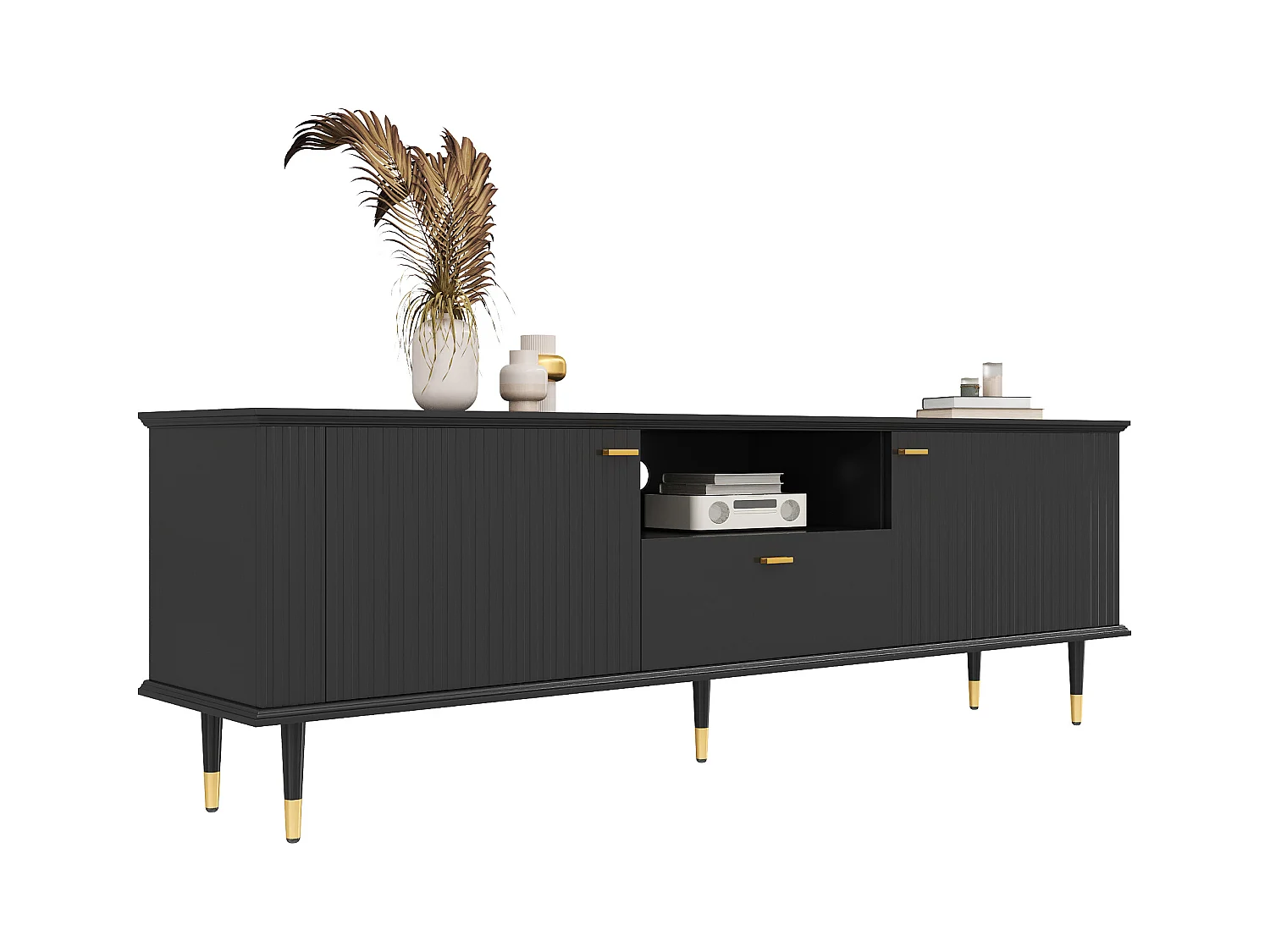 Meuble TV avec compartiments ouverts - 170 x 36 x 54.5 cm - avec 2 portes + 1 tiroir - MDF - noir