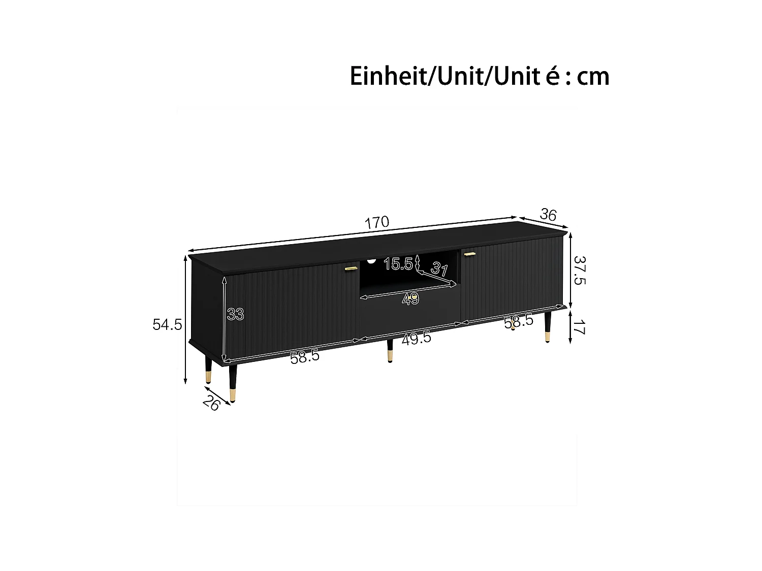 Szafka RTV z otwartymi przegródkami - 170 x 36 x 54,5 cm - z 2 drzwiami + 1 szufladą - MDF - czarna