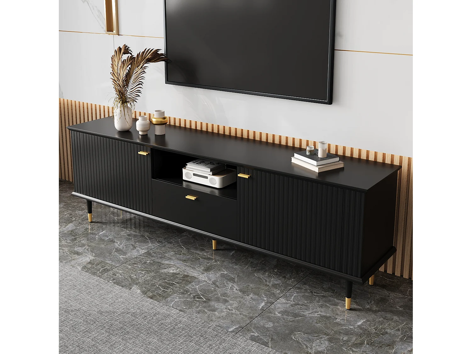 TV-Schrank mit offenen Fächern - 170 x 36 x 54,5 cm - mit 2 Türen + 1 Schublade - MDF - schwarz