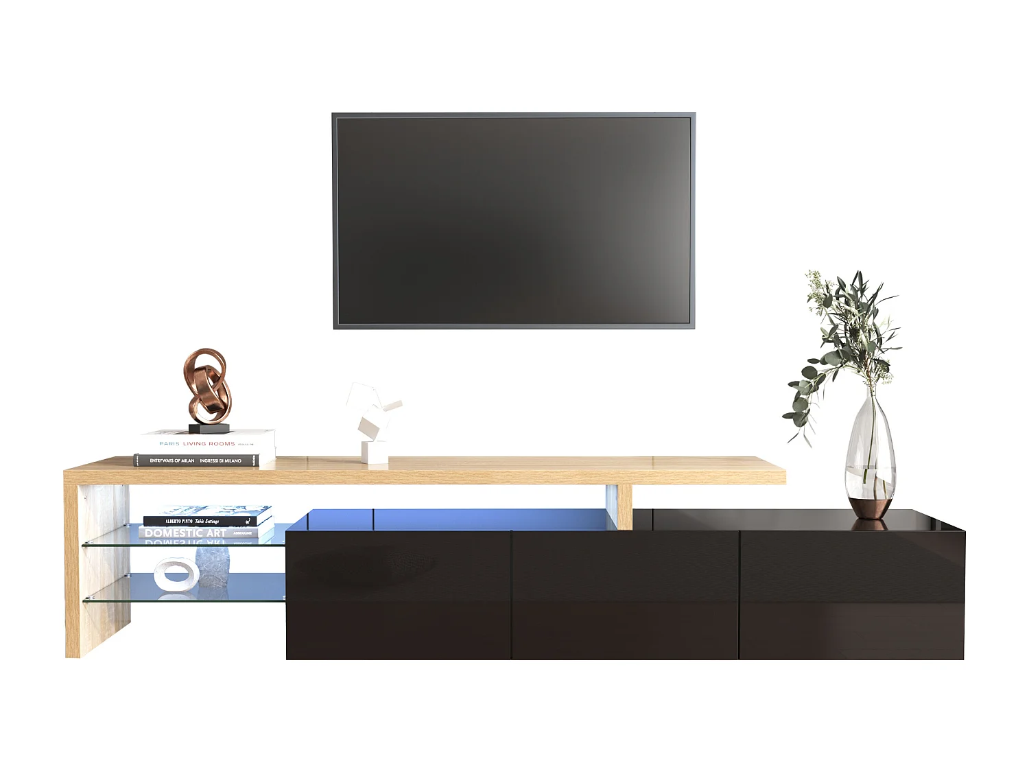 Meuble TV avec étagères en verre – MDF, blanc et bois naturel, avec LED et rangement (197.5x39x42 cm)
