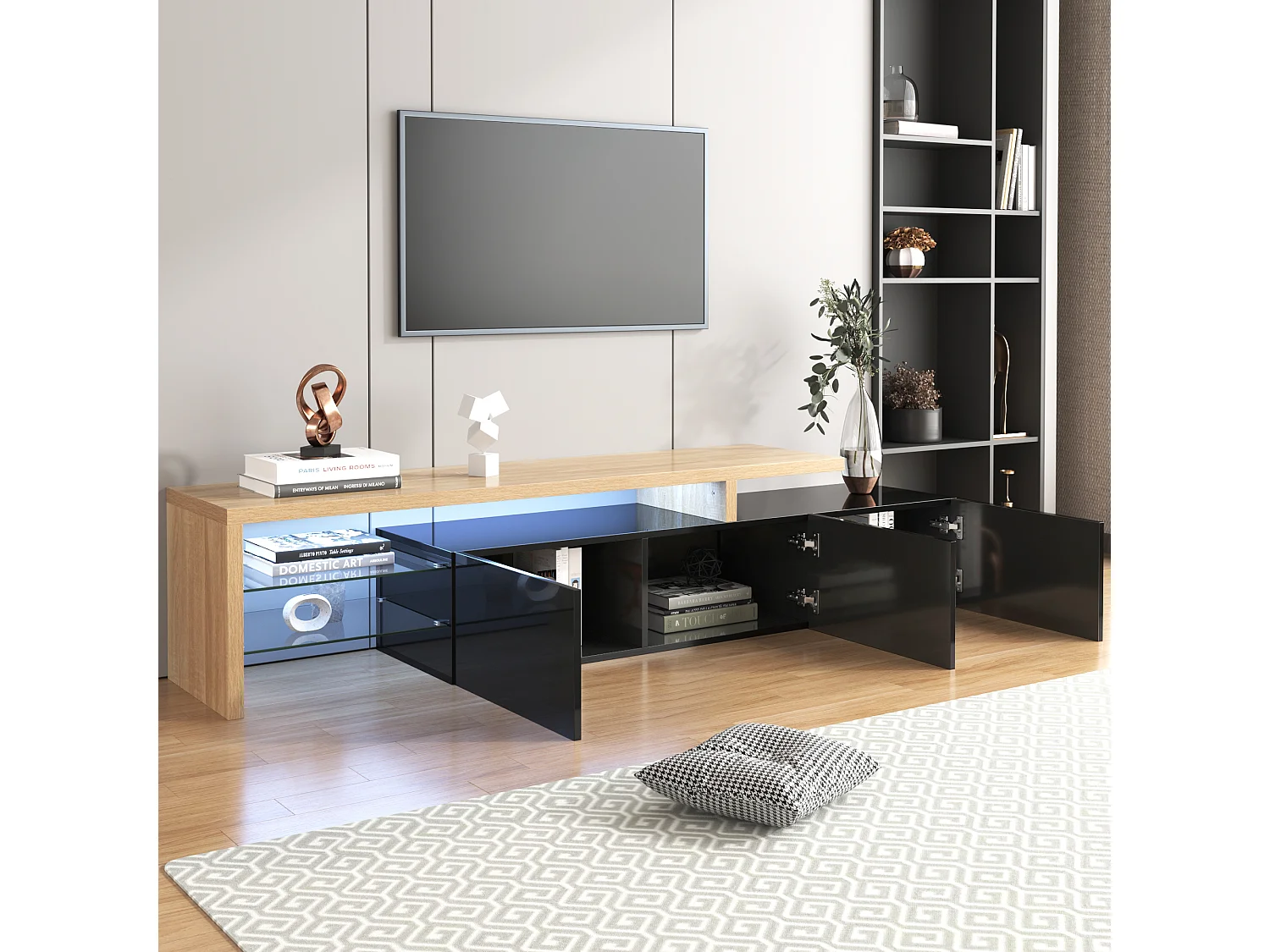Meuble TV avec étagères en verre – MDF, blanc et bois naturel, avec LED et rangement (197.5x39x42 cm)