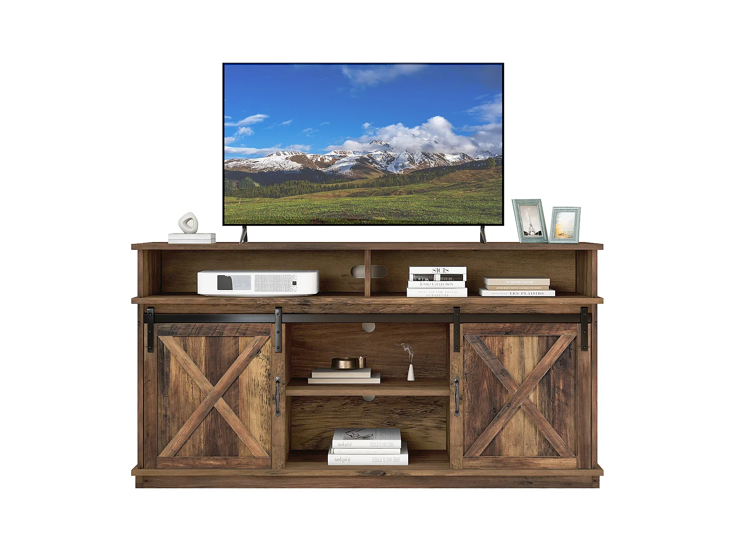 Szafka RTV - 148 x 40 x 78 cm - z 2 drzwiami przesuwnymi - regulowane półki - płyta wiórowa - brązowa