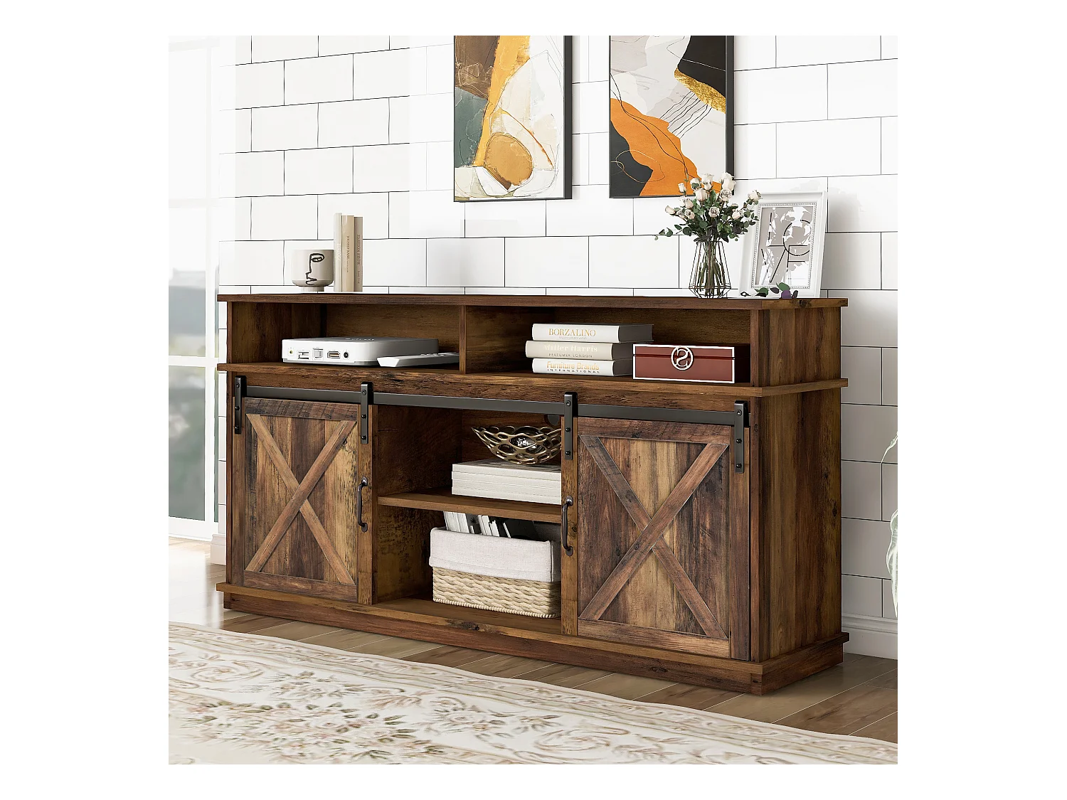 Szafka RTV - 148 x 40 x 78 cm - z 2 drzwiami przesuwnymi - regulowane półki - płyta wiórowa - brązowa