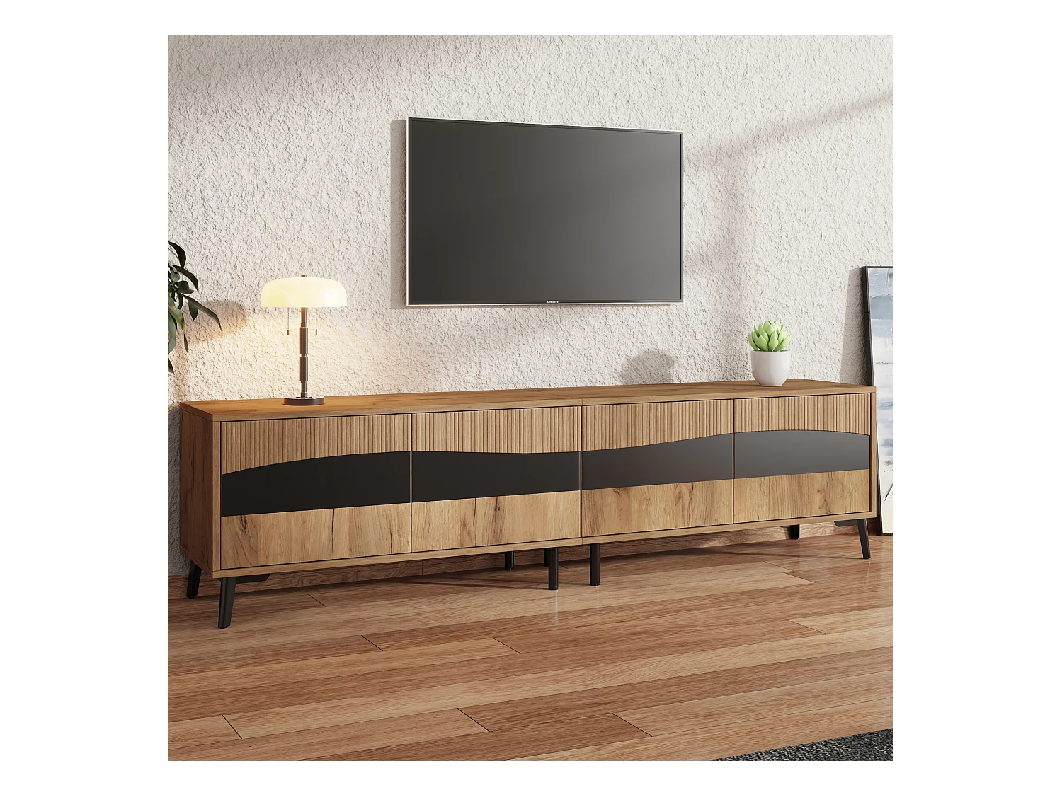 Moderner TV-Schrank - 180 x 40 x 50cm - mit 4 Türen - symmetrisches Design - Spanplatte - natur