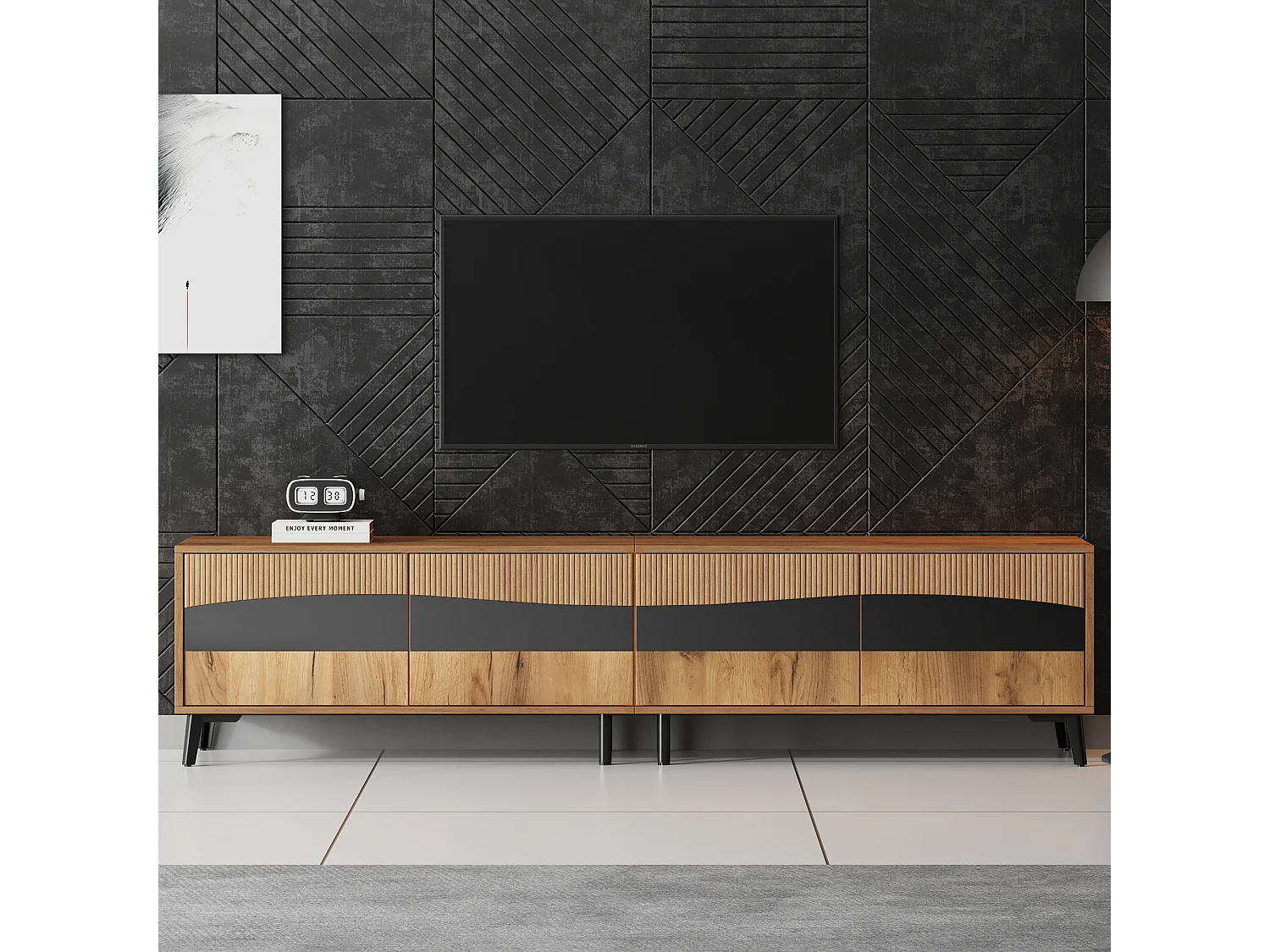 Meuble TV moderne - 180 x 40 x 50cm - avec 4 portes - design symétrique - aggloméré - naturel